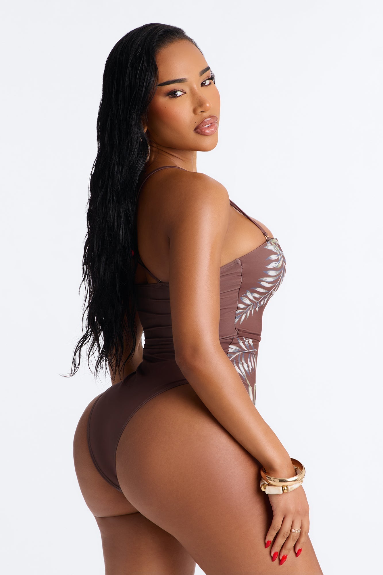 Tropic Like It's Hot 1 Piece Belted Strapless Swimsuit - Brown NEWFASHIONEDGE