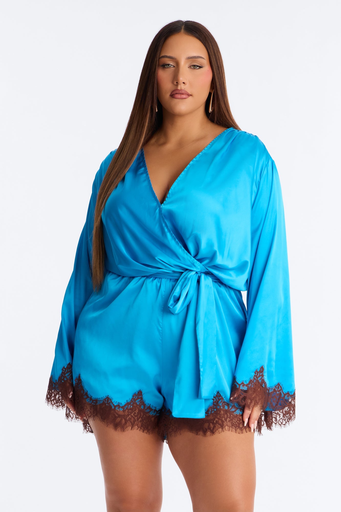 Cherie Satin Lace Trim Romper - Blue