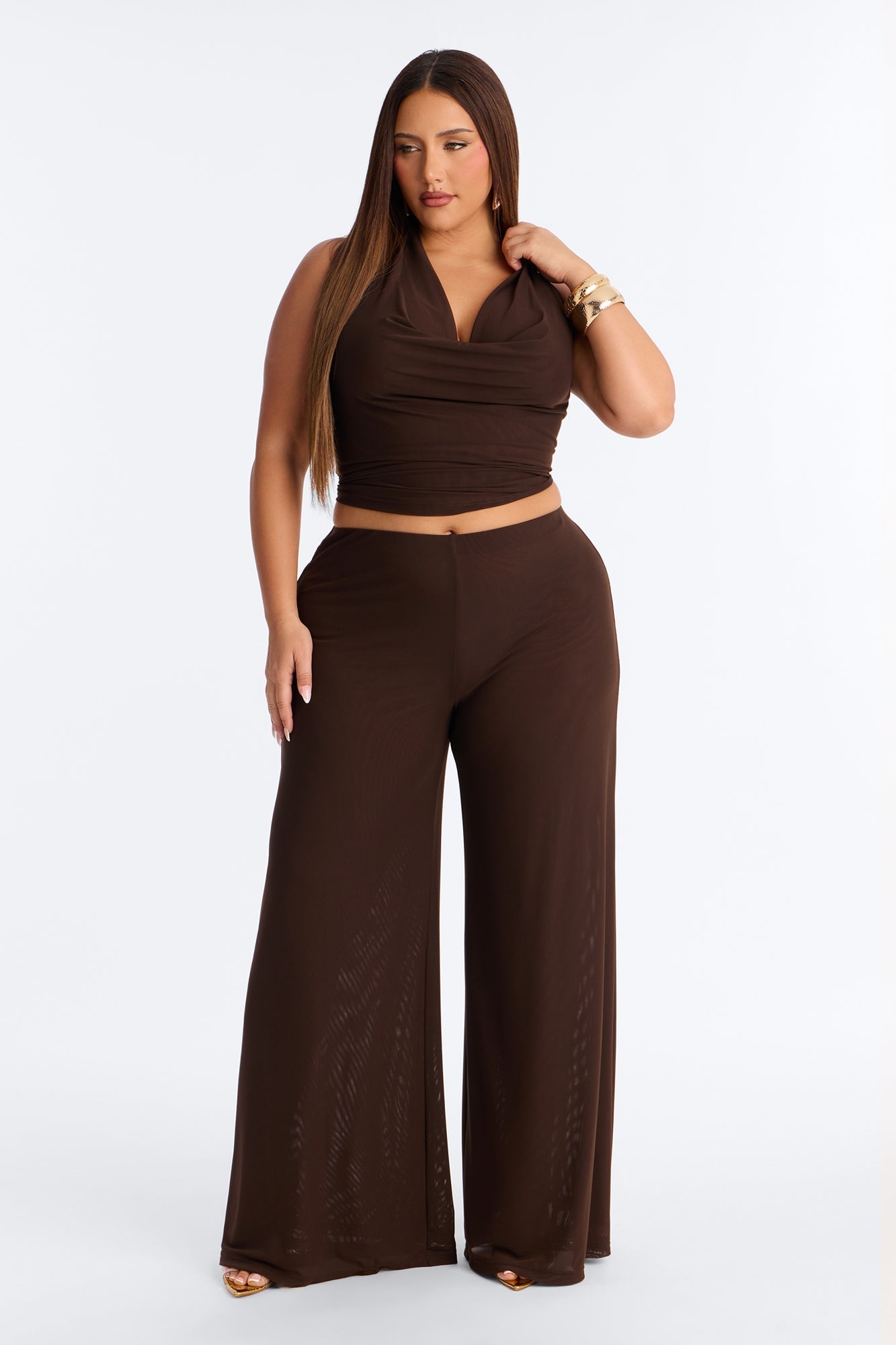 After Dark Behavior Mesh Halter Pant Set - Chocolate NEWFASHIONEDGE