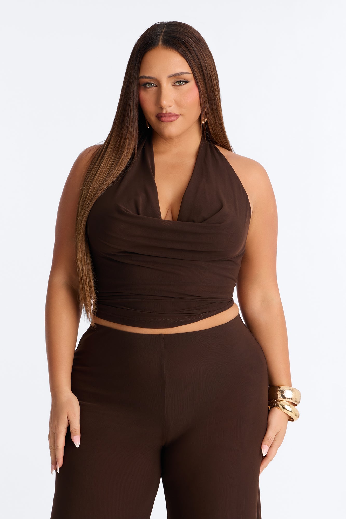 After Dark Behavior Mesh Halter Pant Set - Chocolate NEWFASHIONEDGE