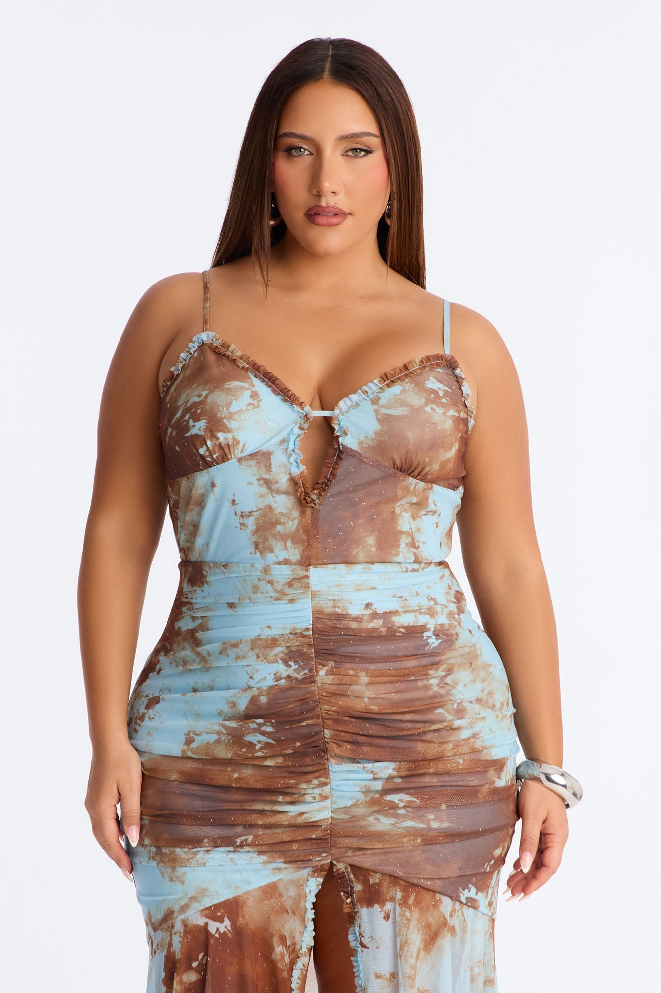 So Stunning Ruched Mesh Maxi Dress - Blue/combo NEWFASHIONEDGE
