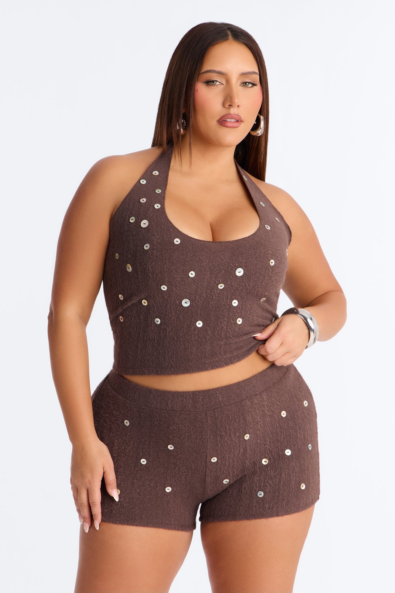 Seashell Fuzzy Halter Top - Chocolate