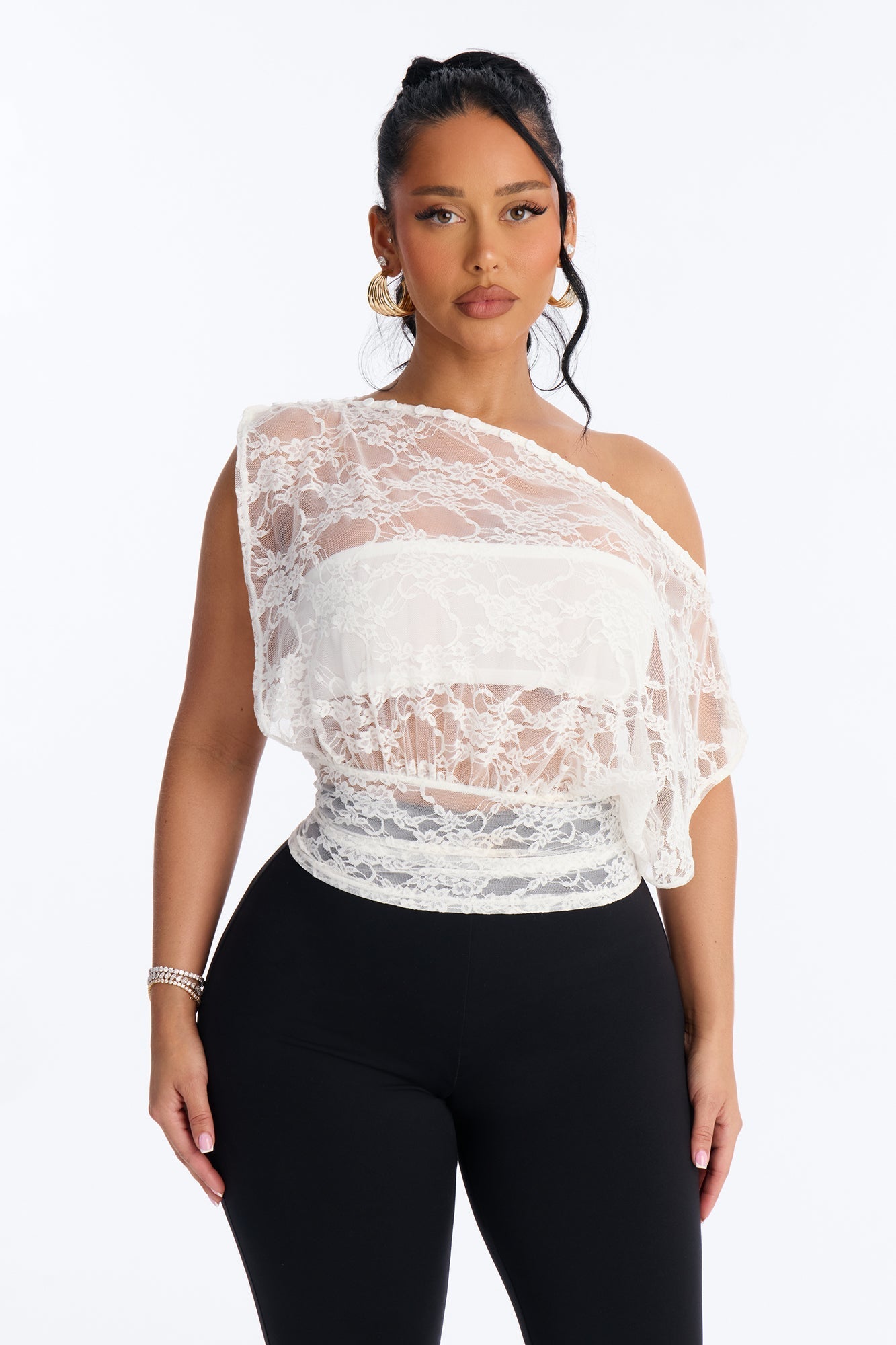 Olivia Off Shoulder Sheer Lace Top - White NEWFASHIONEDGE