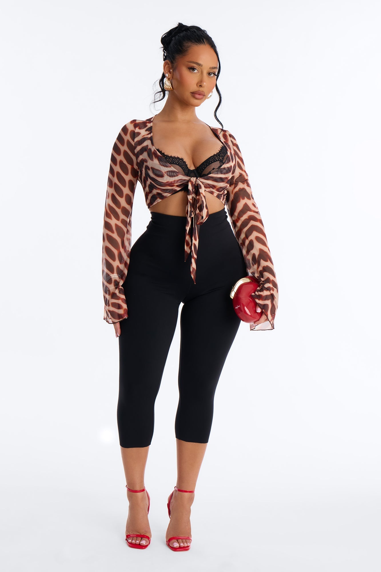 Morocco Mami Abstract Mesh Tie Front Crop Top - Brown/combo