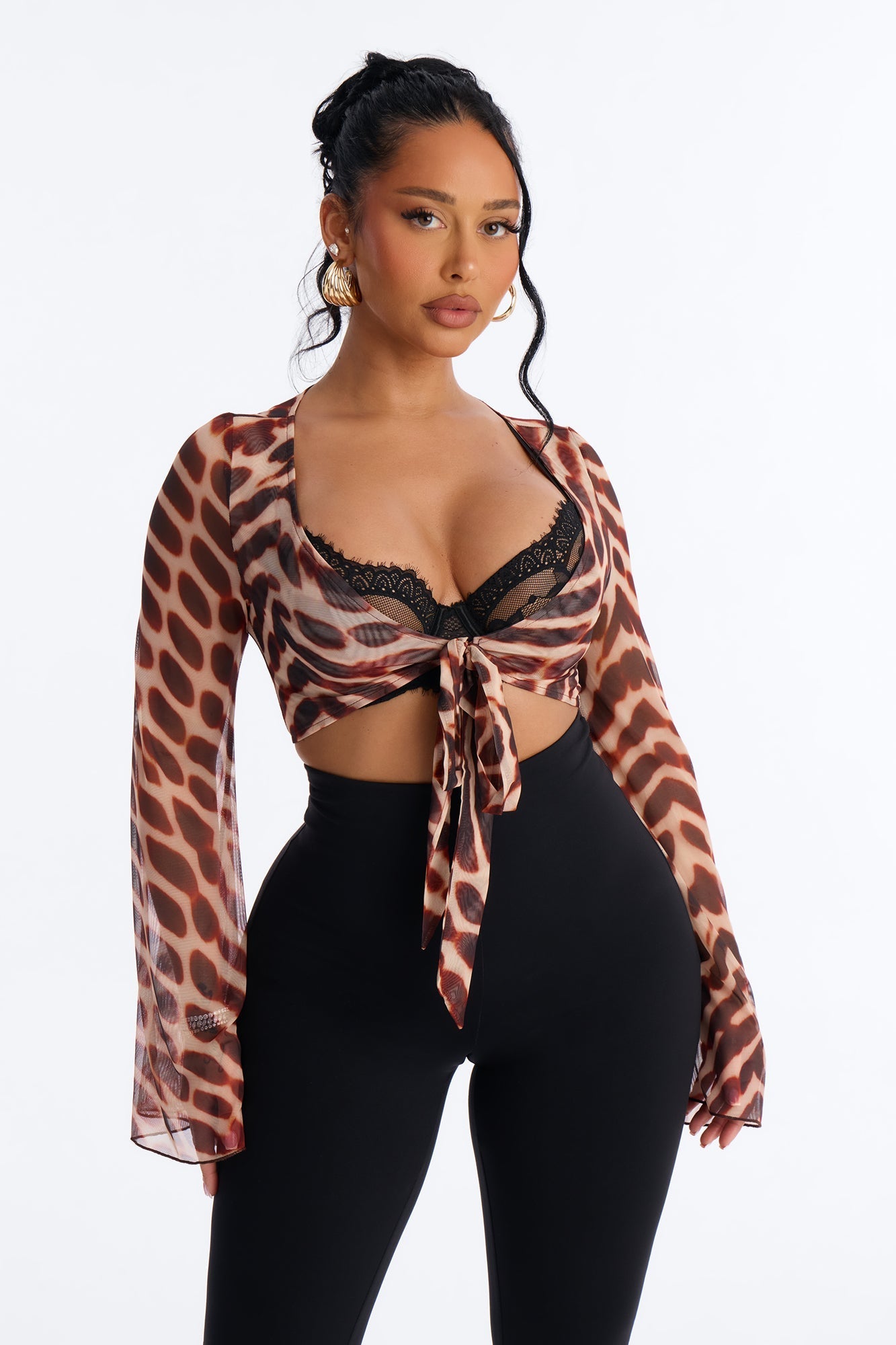Morocco Mami Abstract Mesh Tie Front Crop Top - Brown/combo