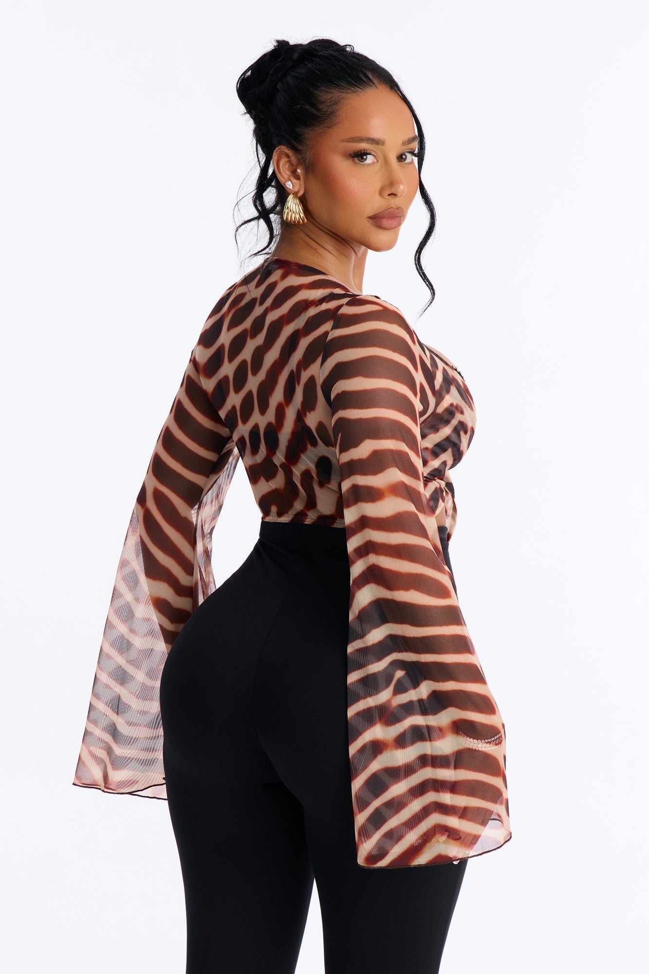 Morocco Mami Abstract Mesh Tie Front Crop Top - Brown/combo