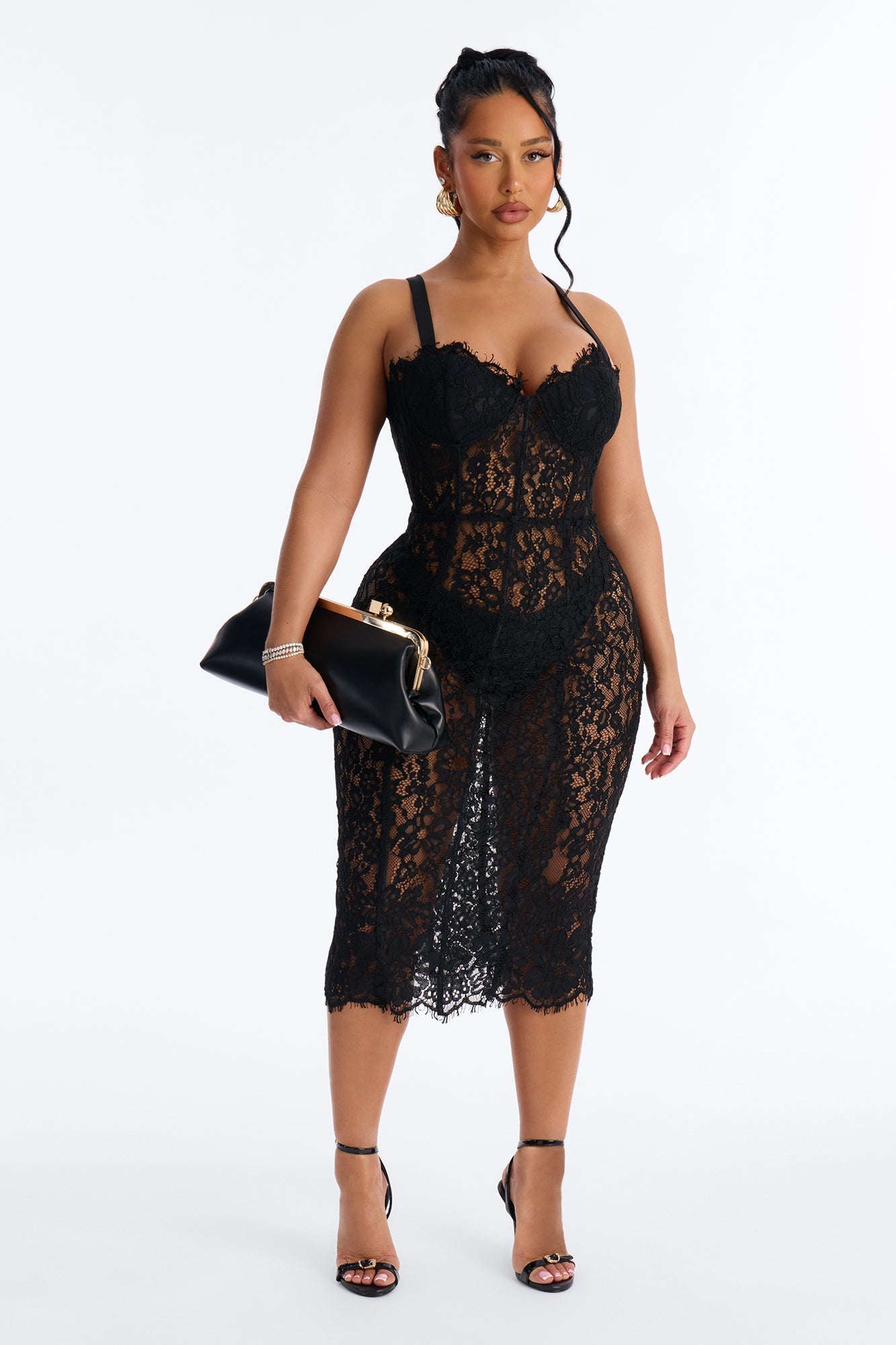 Kara Corset Lace Midi Dress - Black NEWFASHIONEDGE