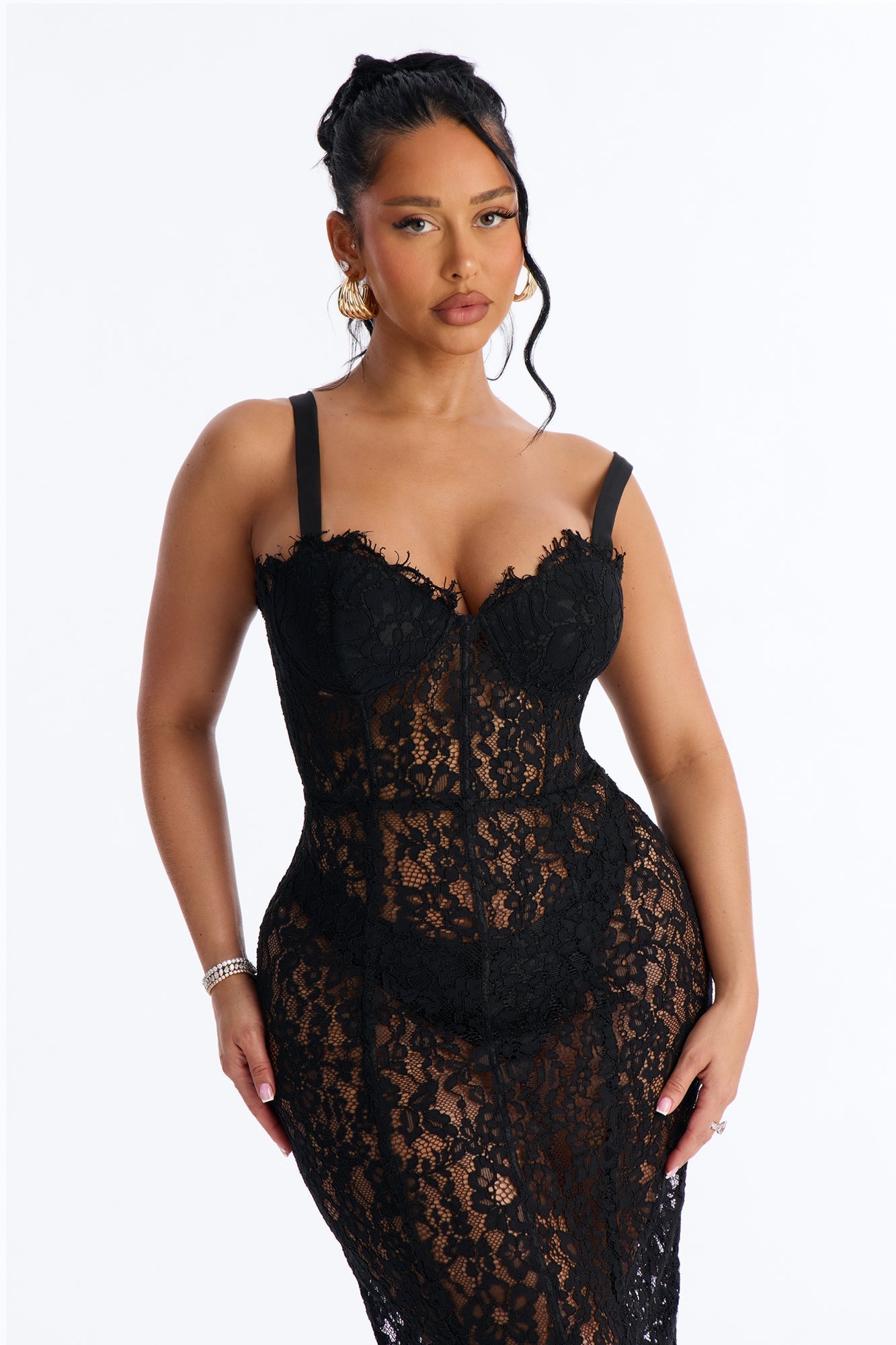 Kara Corset Lace Midi Dress - Black NEWFASHIONEDGE