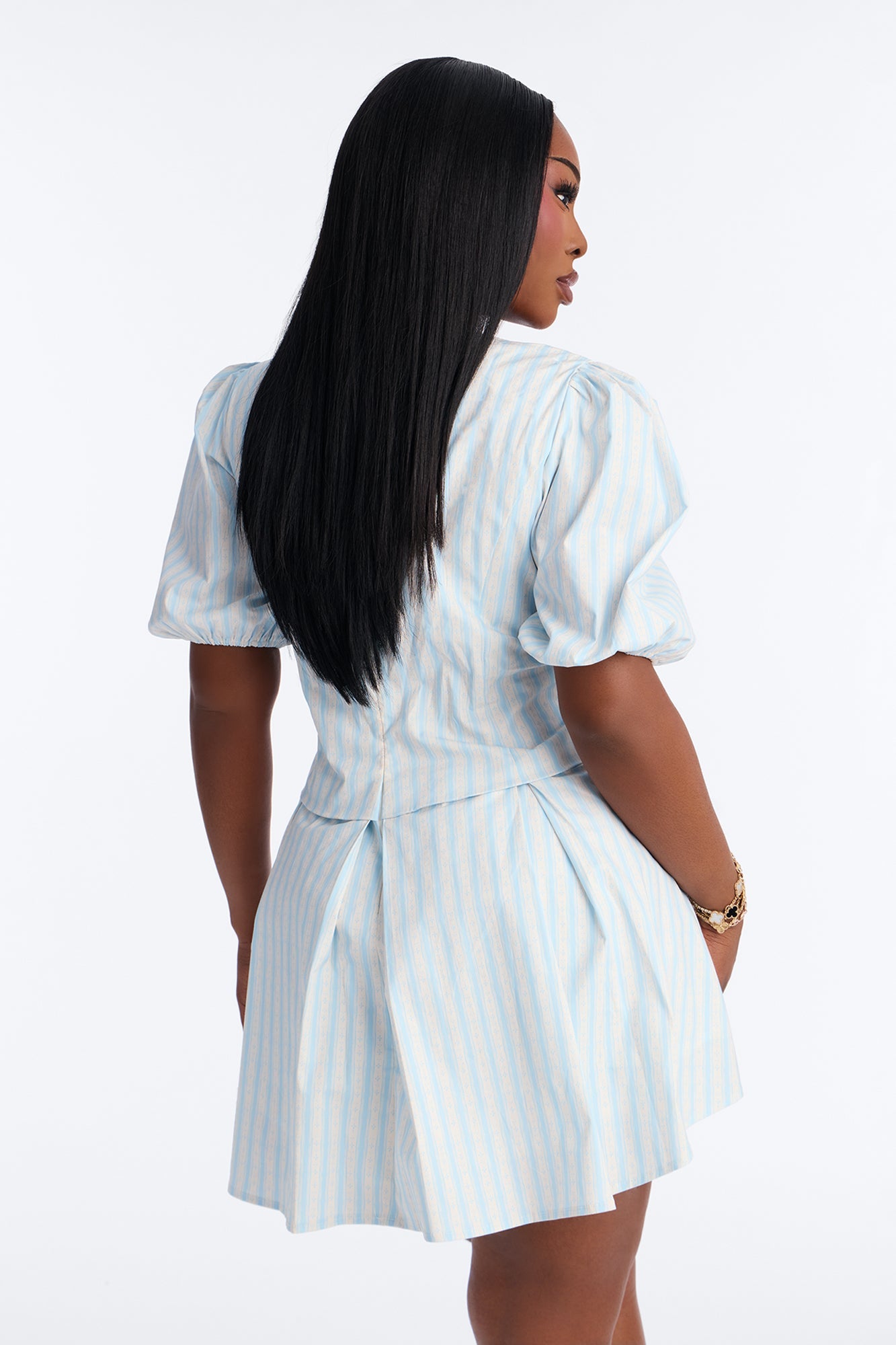 Delilah Poplin Striped Puff Sleeve Mini Dress - Blue/combo