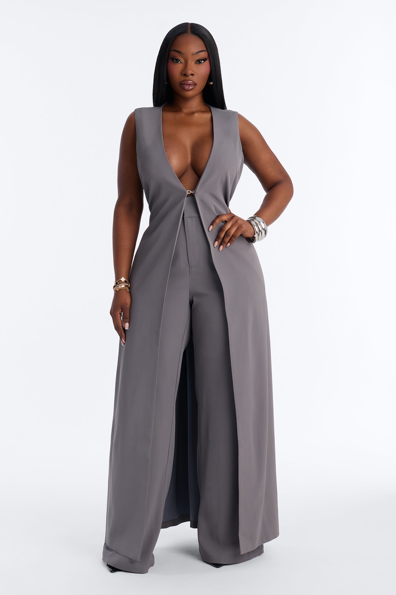 Olivia Long Vest Pant Set - Grey