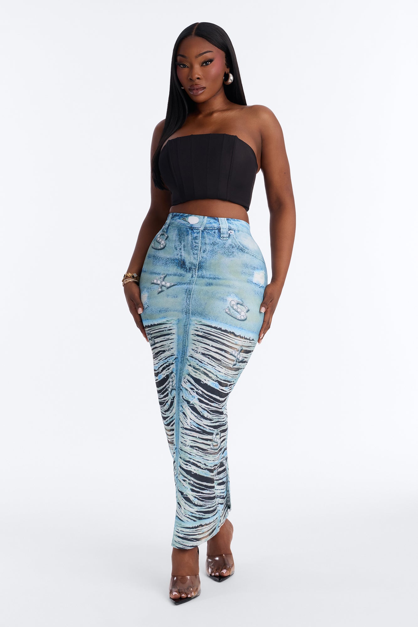 Bling Behavior Printed Knit Ankle Maxi Skirt - Blue/combo Fashion Nova