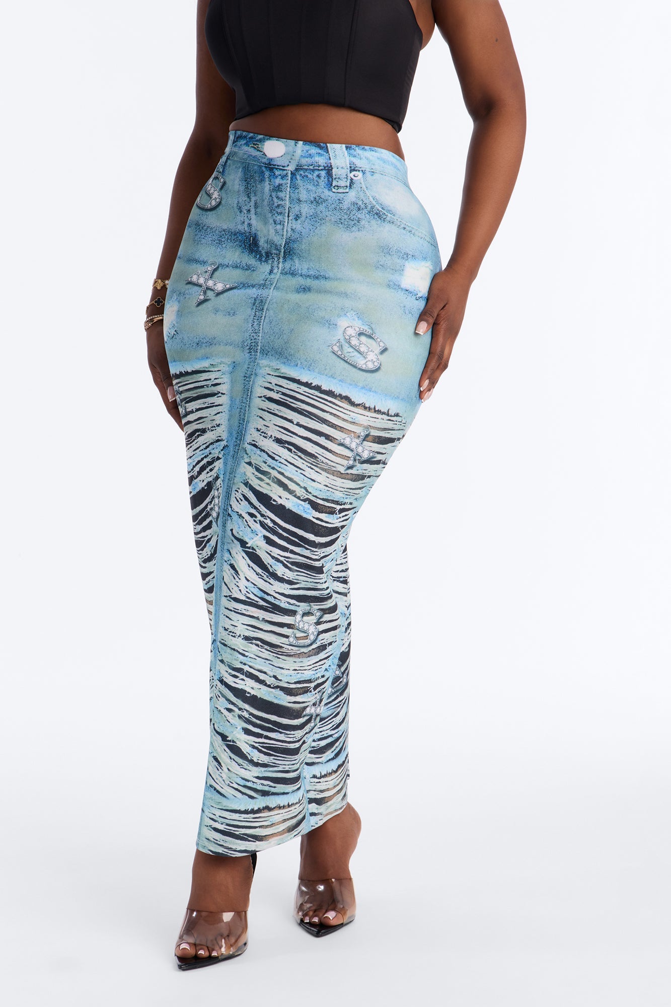 Bling Behavior Printed Knit Ankle Maxi Skirt - Blue/combo Fashion Nova