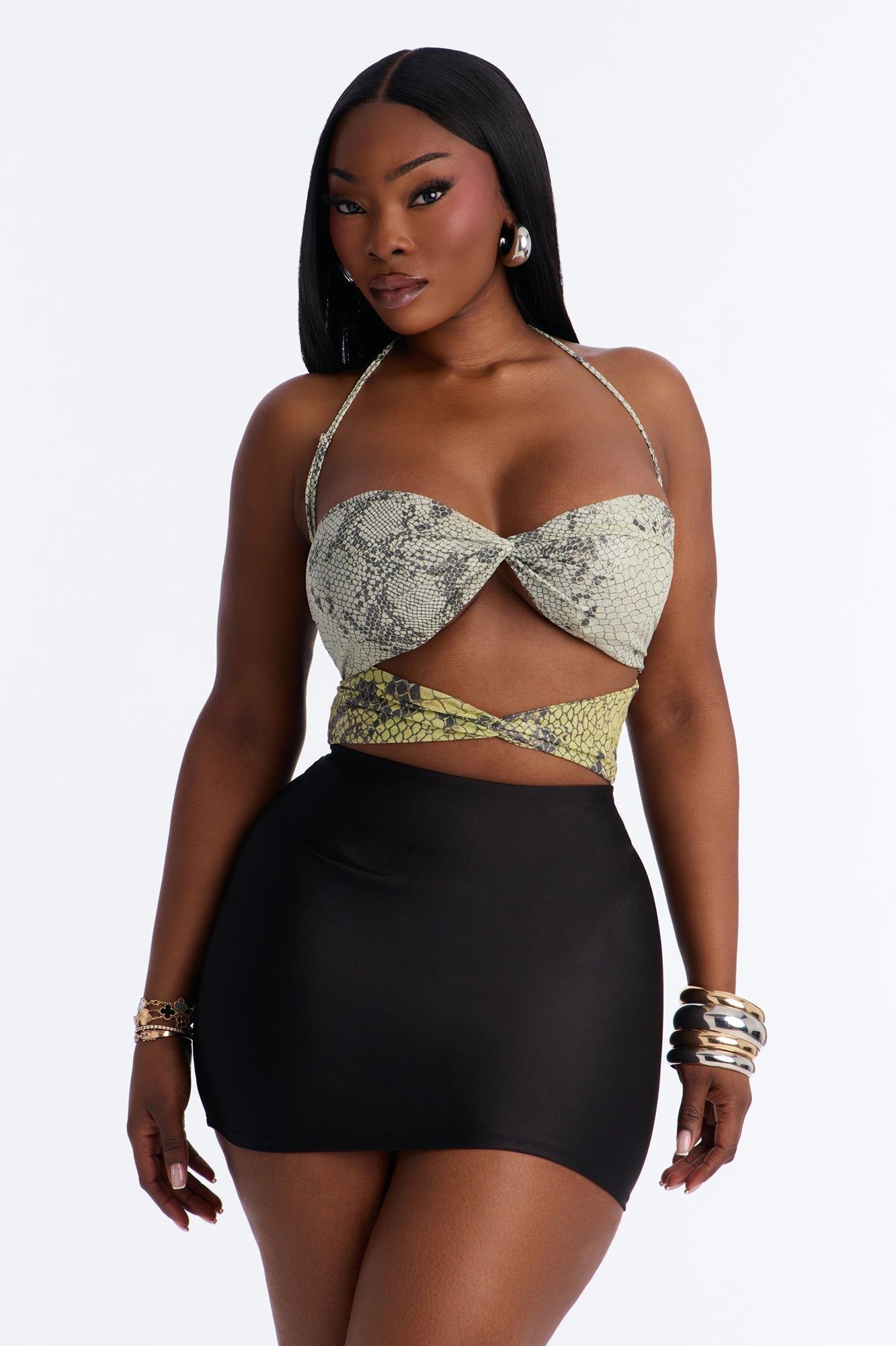 Rattle Me Up Snake Mesh Cut Out Halter Bodysuit - Multi Color