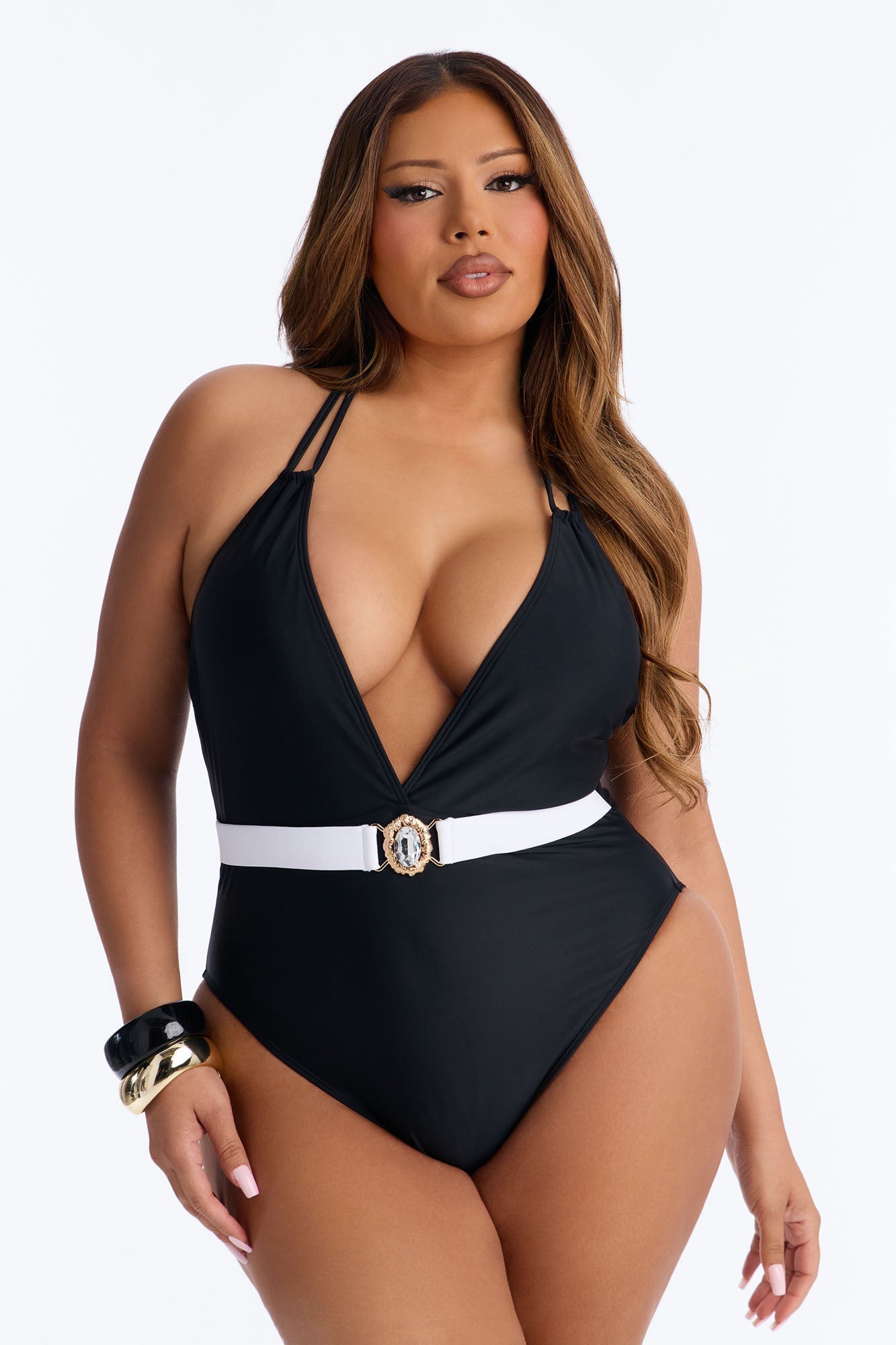 Mirror Mirror Belted 1 Piece Plunge Halter Swimsuit - Black NEWFASHIONEDGE