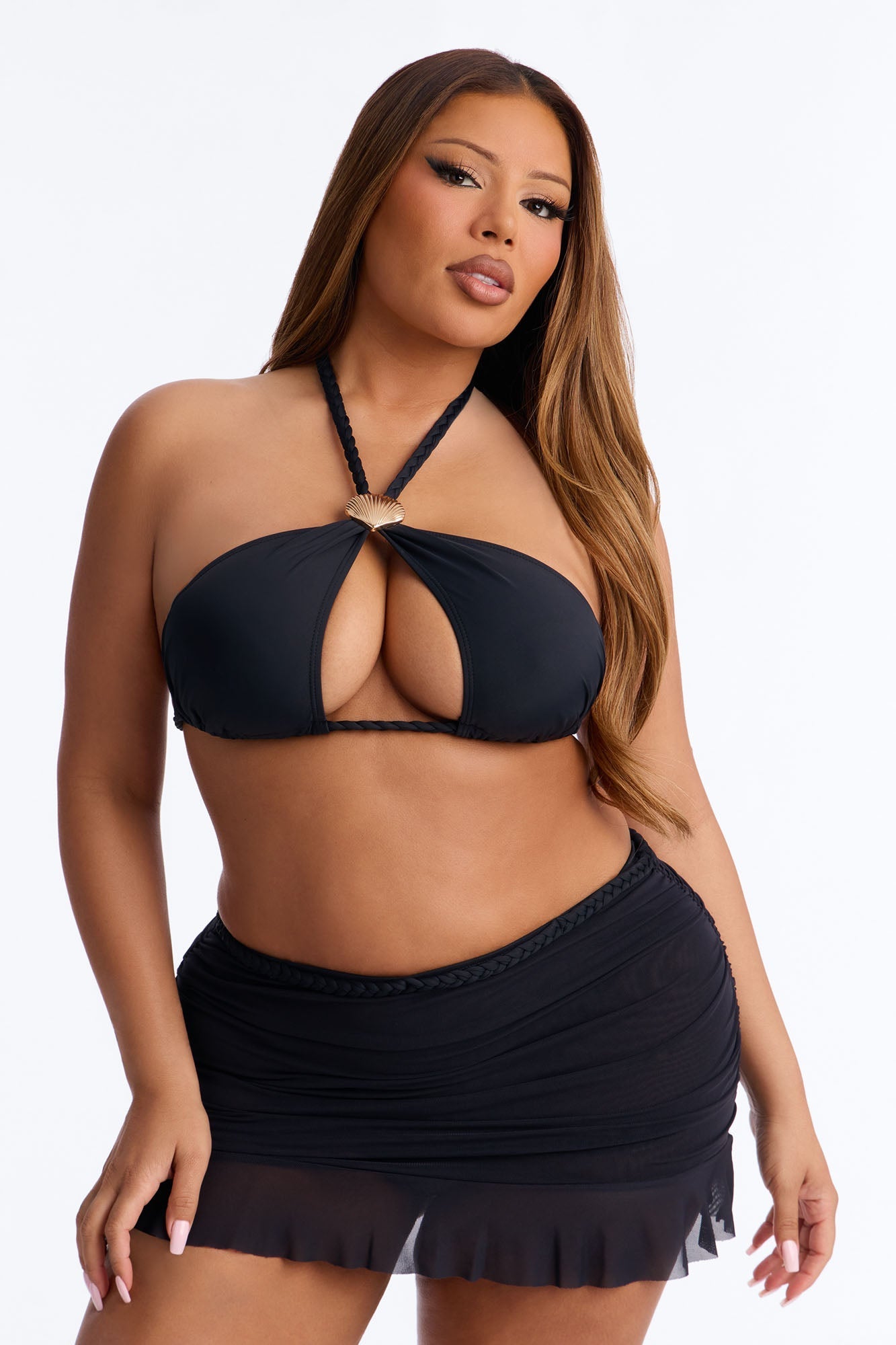 She Sells Seashells 2 Piece Halter Bikini & Ruffle Mini Skirt Sunsuit - Black NEWFASHIONEDGE