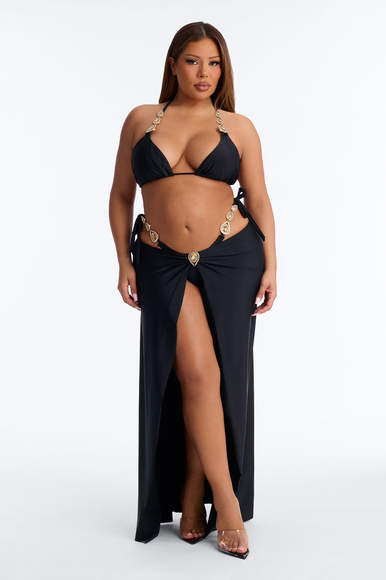 Take Me To Cancun Hardware High Slit 3 Piece Bikini Skirt Set - Black NEWFASHIONEDGE