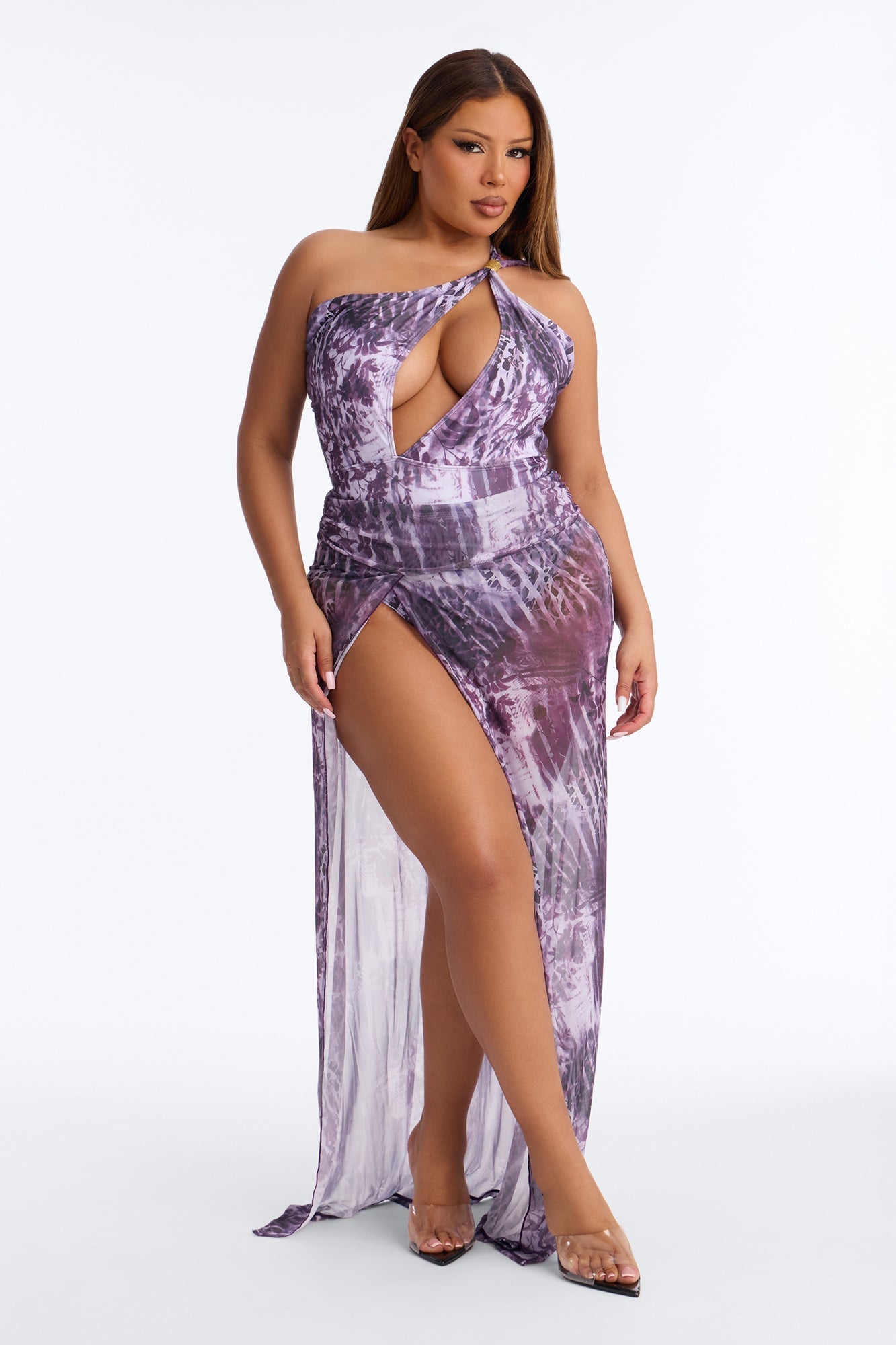 Olivia One Shoulder Hardware Asymmetrical 3 Piece Bikini & Cover Up Sunsuit - Purple NEWFASHIONEDGE