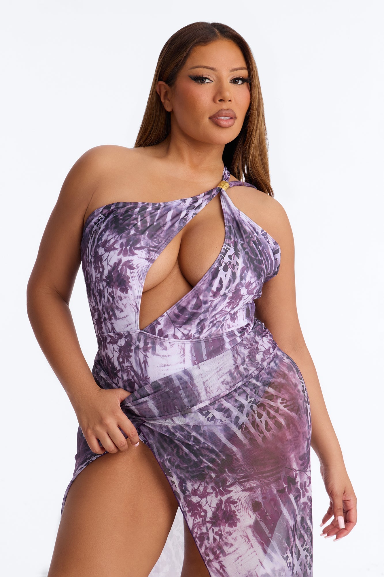 Olivia One Shoulder Hardware Asymmetrical 3 Piece Bikini & Cover Up Sunsuit - Purple NEWFASHIONEDGE