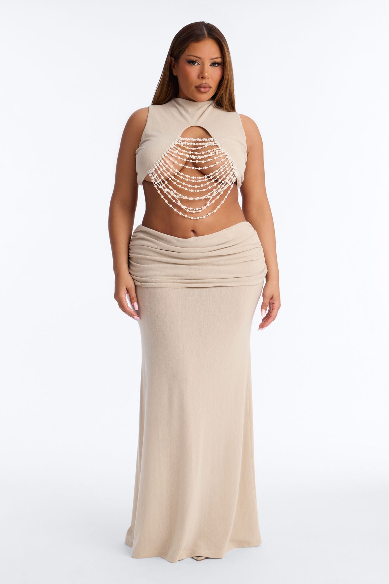 Carolina Pearl Draped Cutout Maxi Skirt Set - Taupe NEWFASHIONEDGE