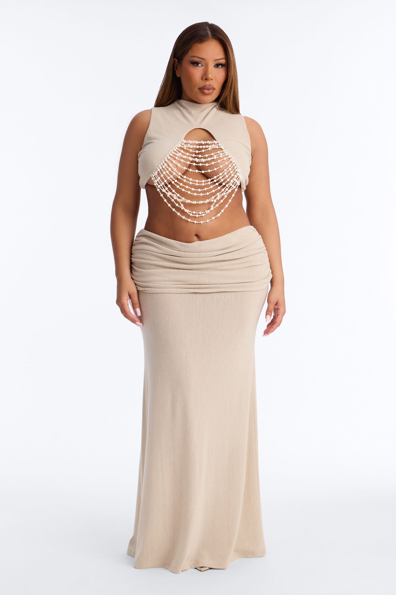 Carolina Pearl Draped Cutout Maxi Skirt Set - Taupe