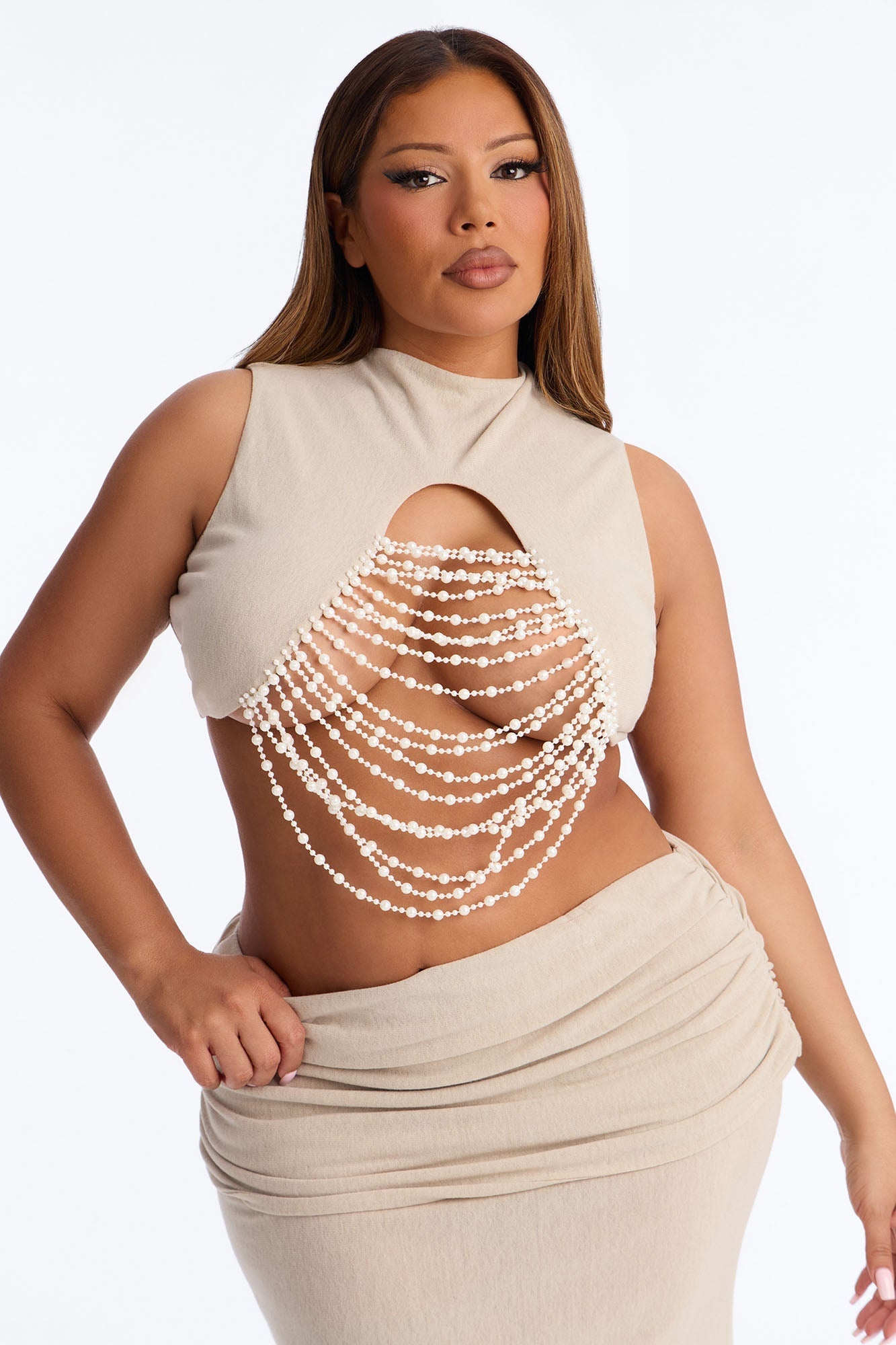 Carolina Pearl Draped Cutout Maxi Skirt Set - Taupe NEWFASHIONEDGE