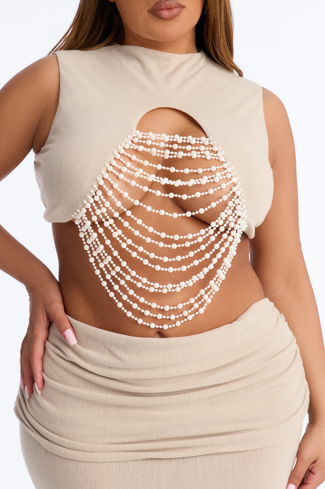 Carolina Pearl Draped Cutout Maxi Skirt Set - Taupe