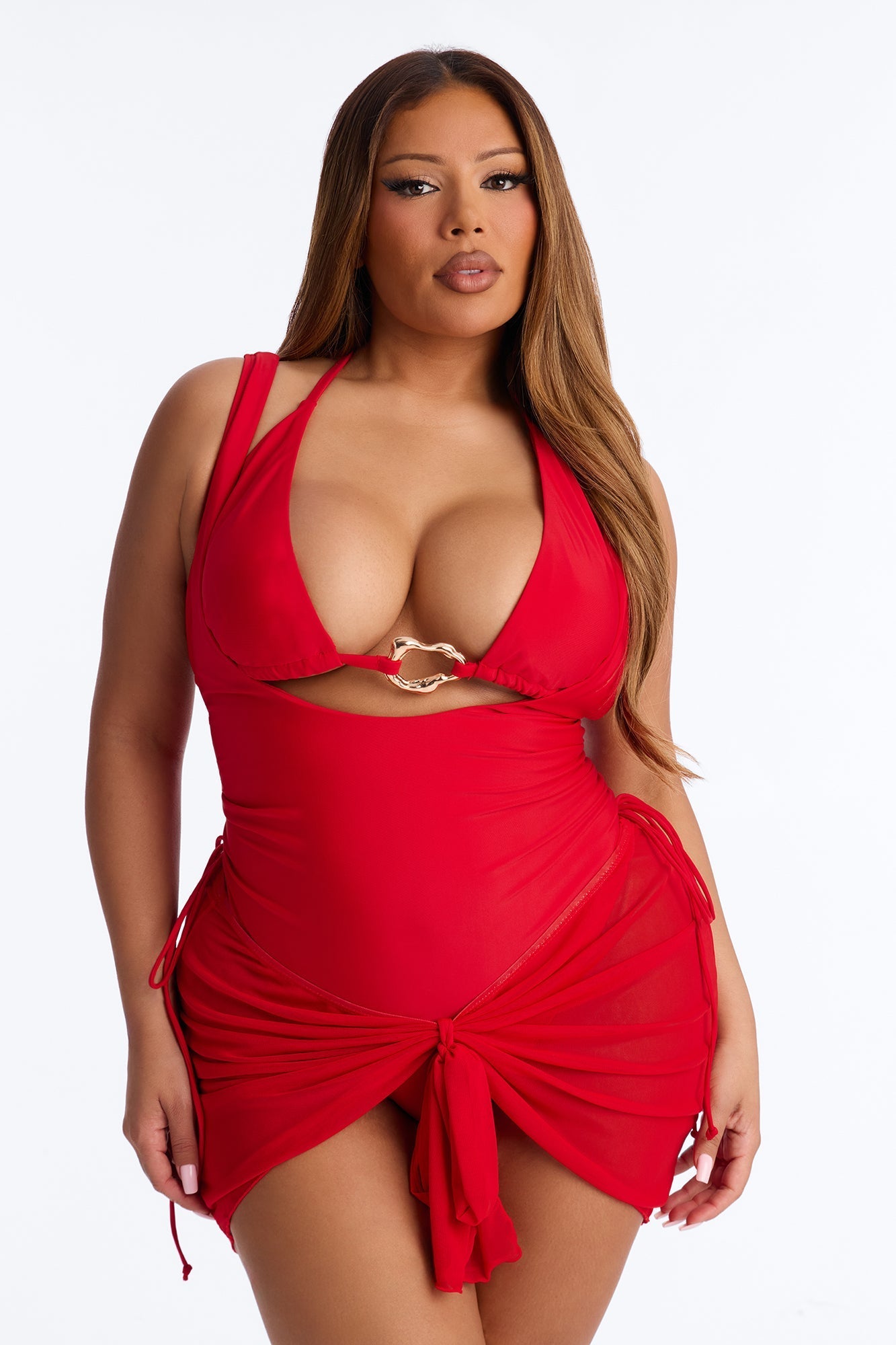 Angie 3 Piece Tied Triangle Bikini Waist Suit & Micro Mini Skirt Sunsuit - Red