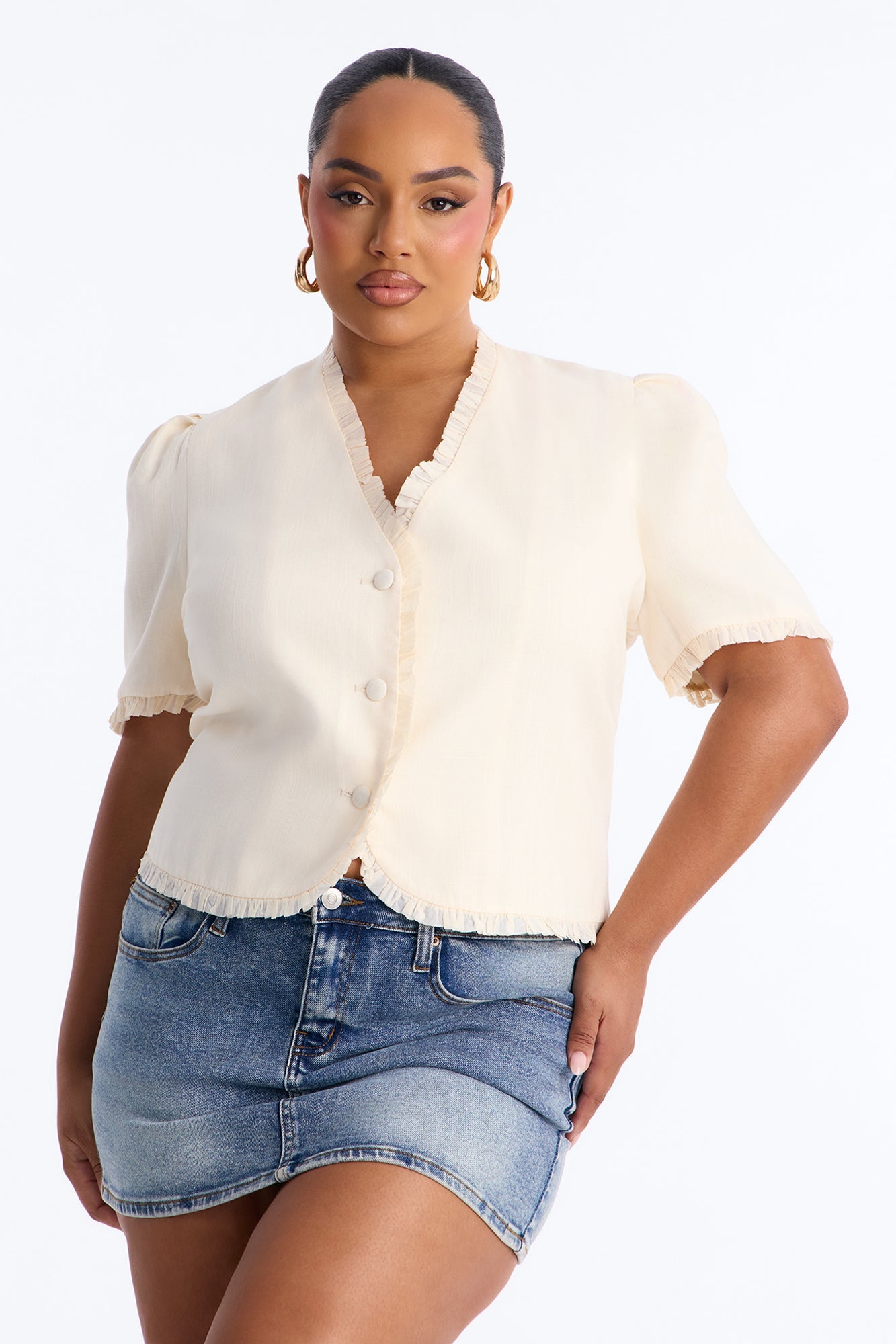 Chic With Love Ruffle Trim Linen Top - Beige