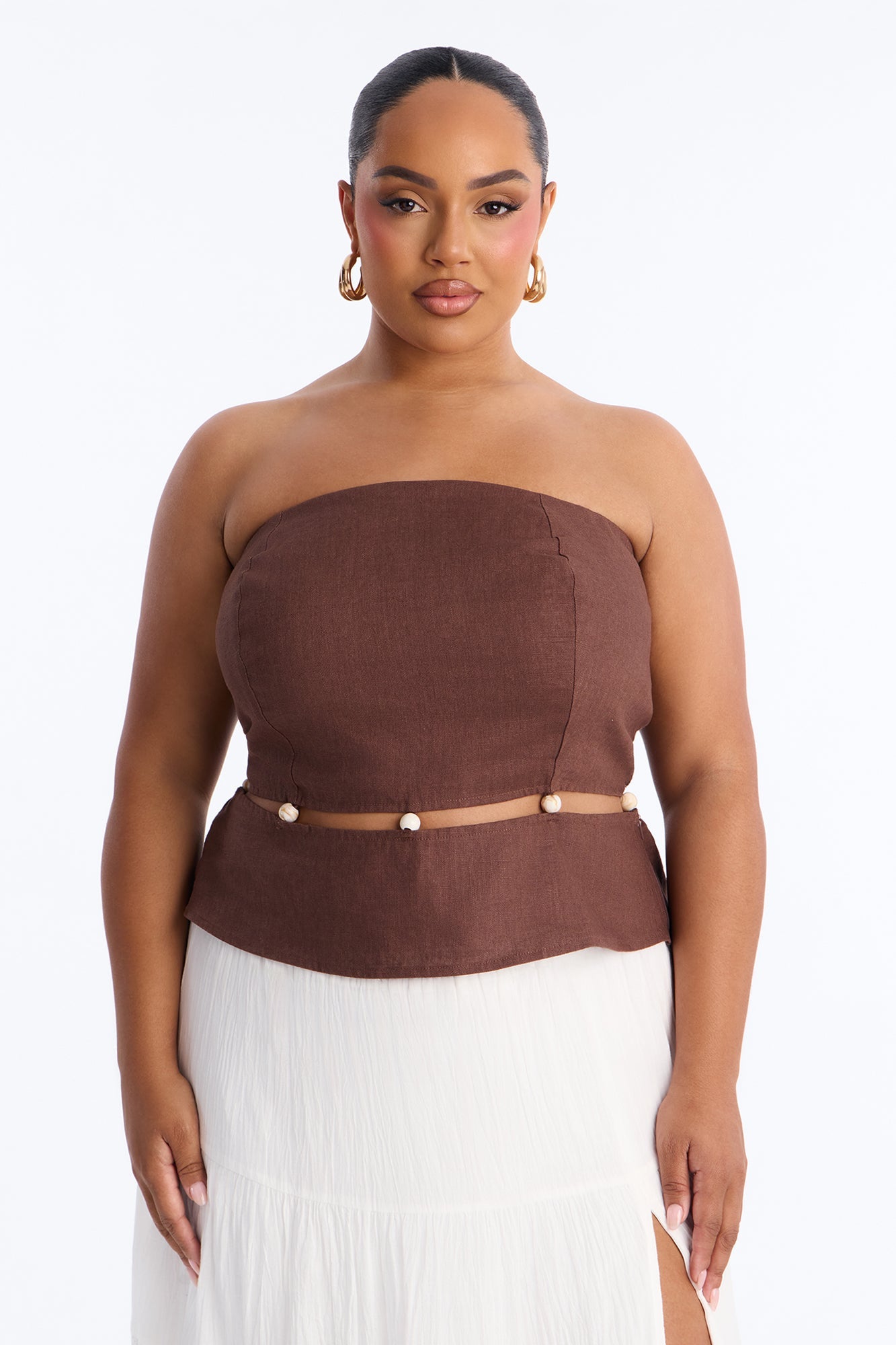 On The Guest List Beaded Linen Top - Brown Fashion Nova