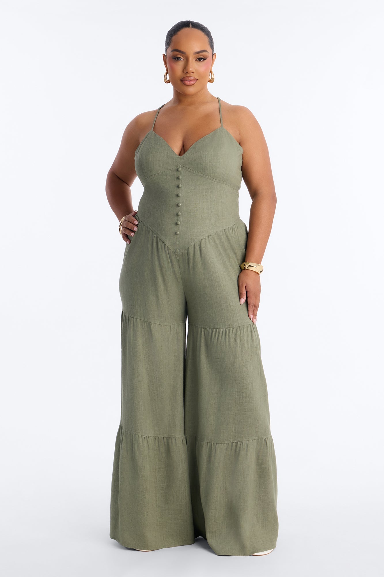 Belle Denim Tiered Wide Leg Jumpsuit - Olive Fashion Nova