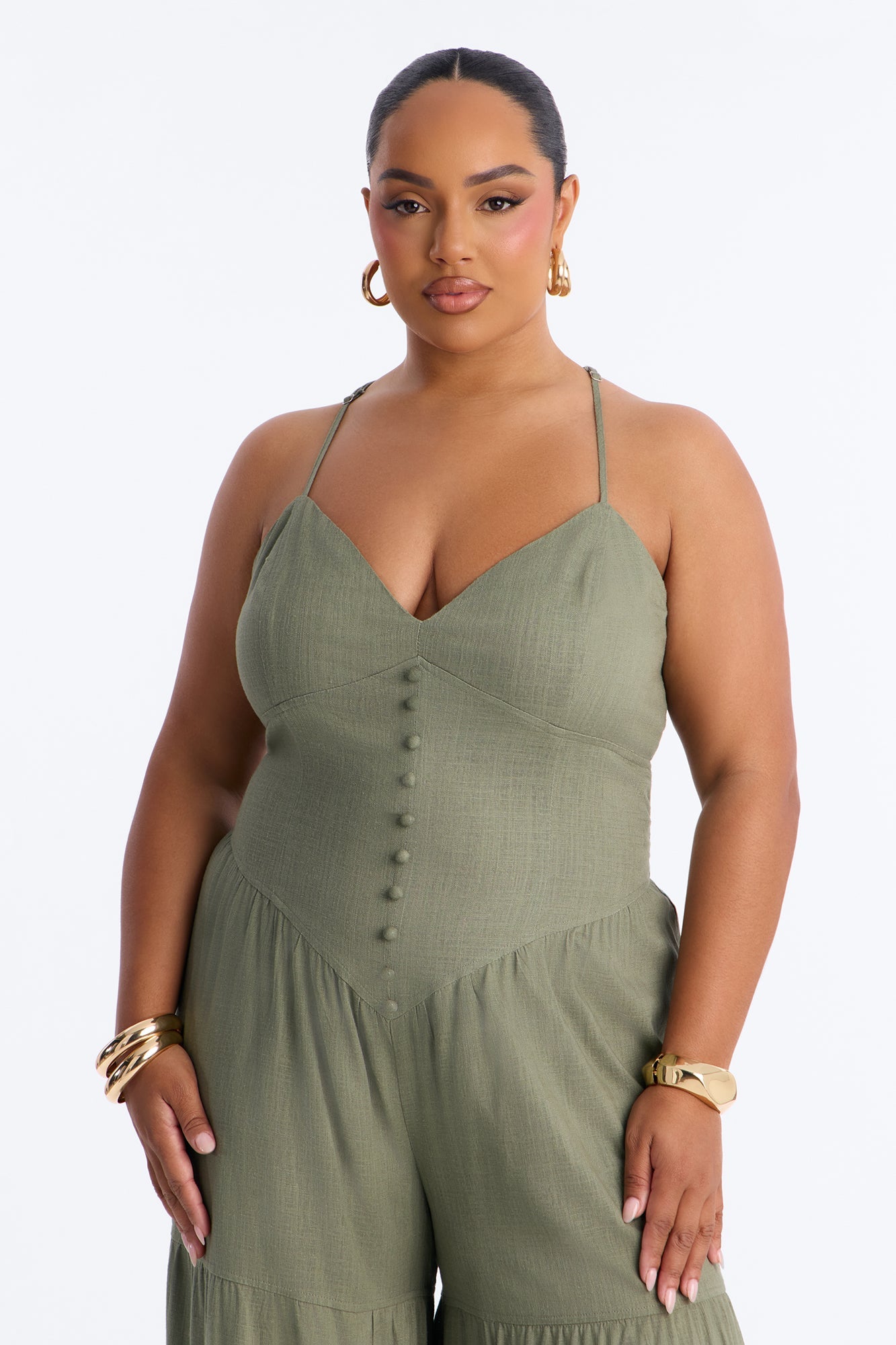 Belle Denim Tiered Wide Leg Jumpsuit - Olive Fashion Nova