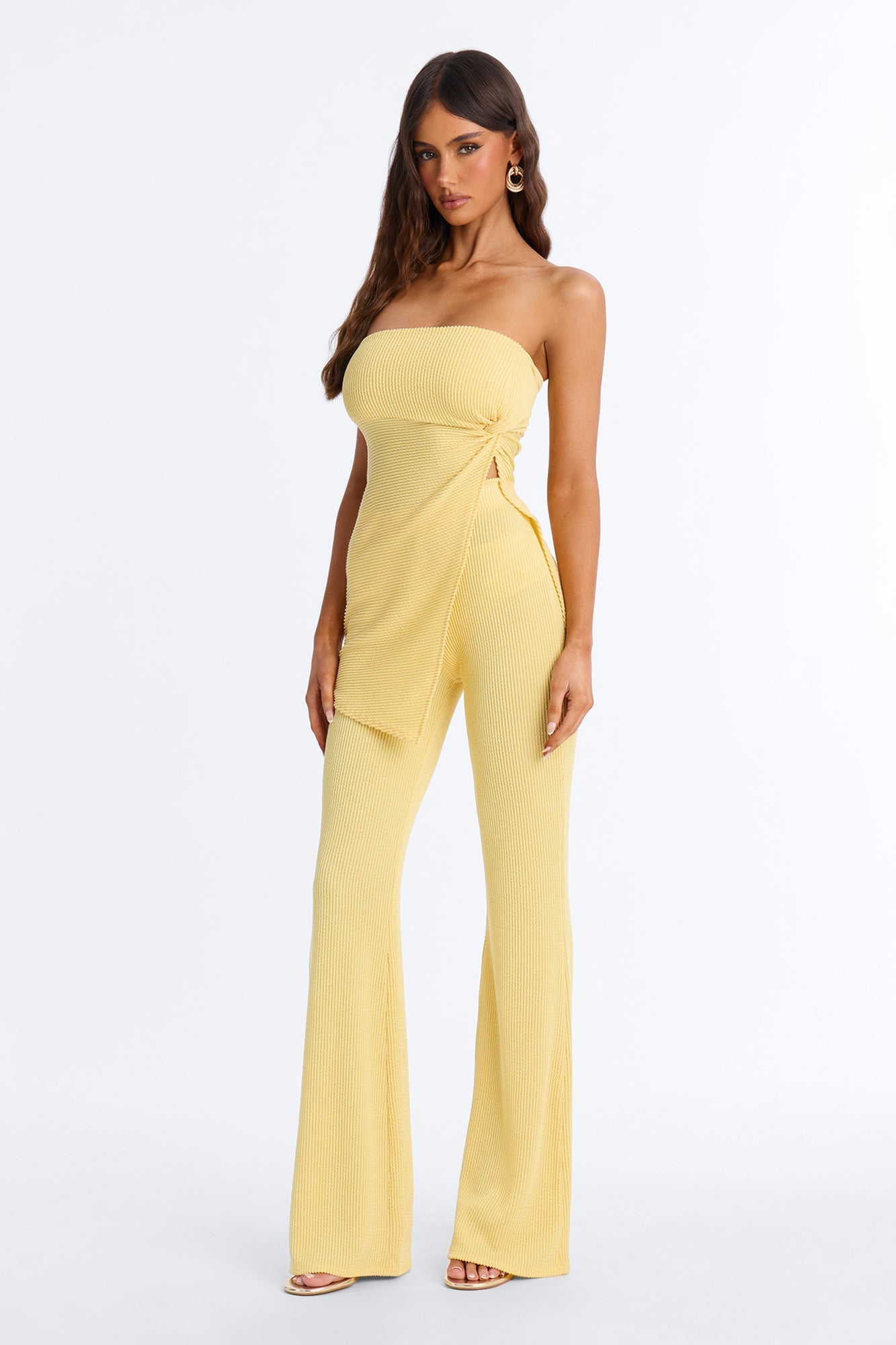 Mona Textured Strapless Flare Pant Set - Yellow NEWFASHIONEDGE
