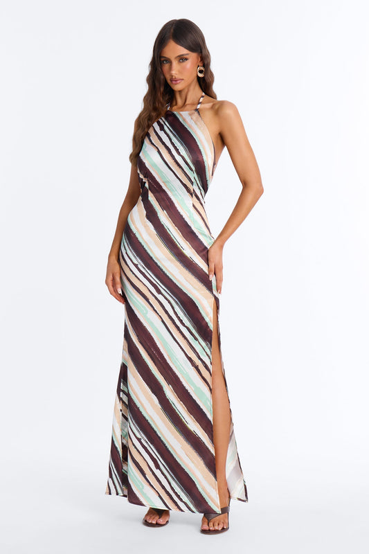 Amanza Backless Satin Maxi Dress - Brown/combo NEWFASHIONEDGE