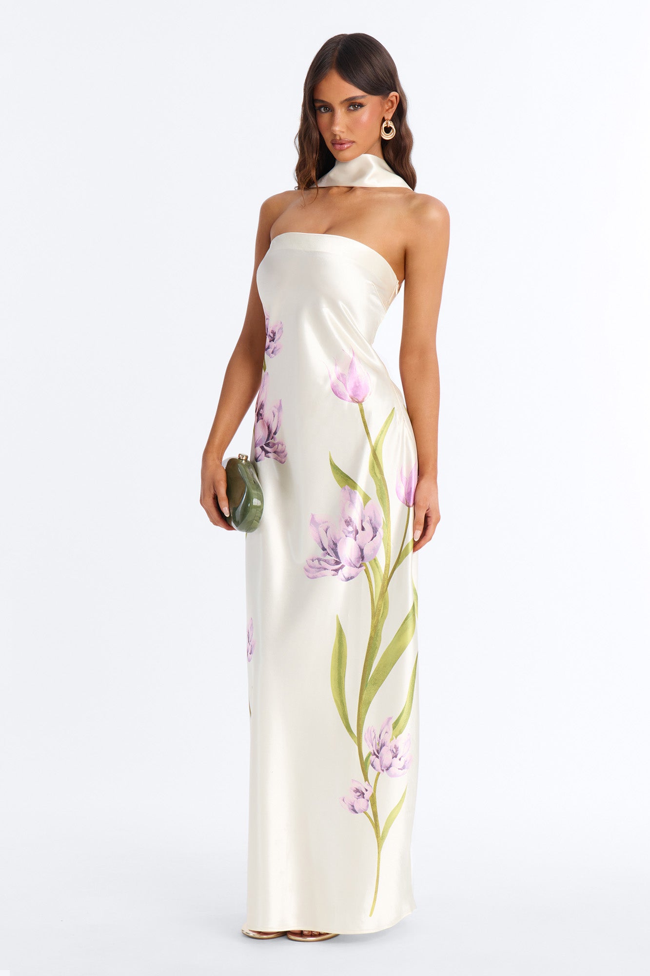 Jelissa Scarf Satin Maxi Dress - Ivory/combo NEWFASHIONEDGE