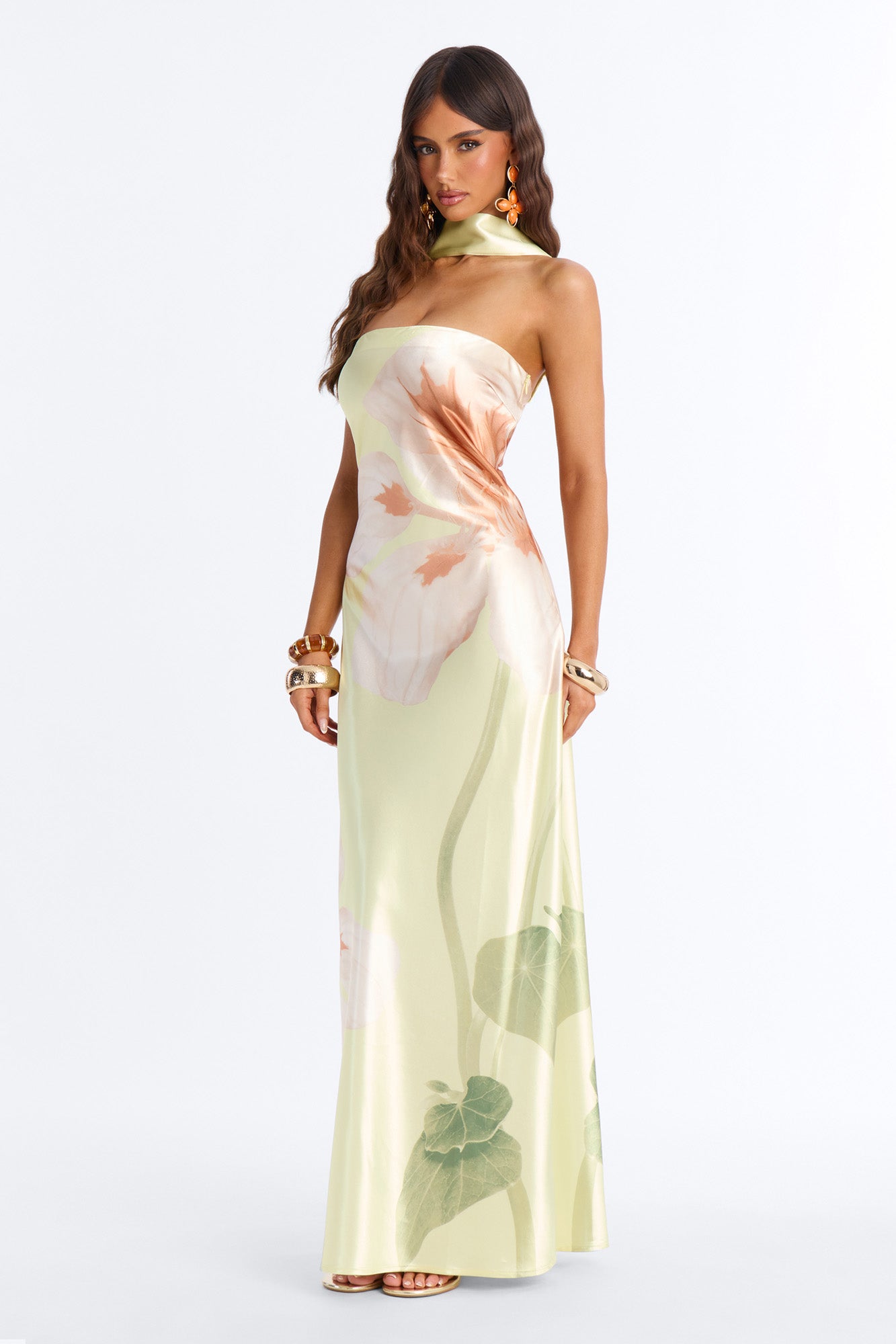 Jelissa Scarf Satin Maxi Dress - Yellow/combo NEWFASHIONEDGE