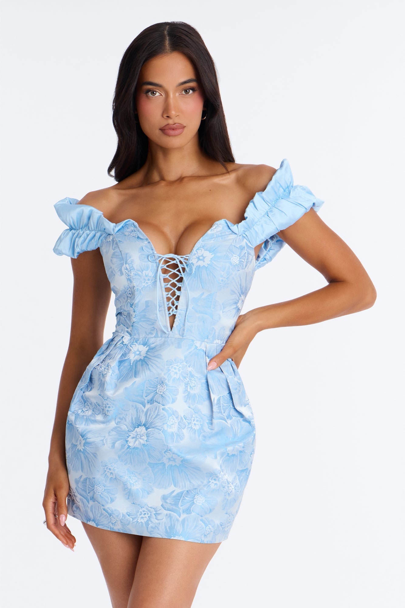 Fiona Floral Jacquard Off Shoulder Mini Dress - Blue NEWFASHIONEDGE