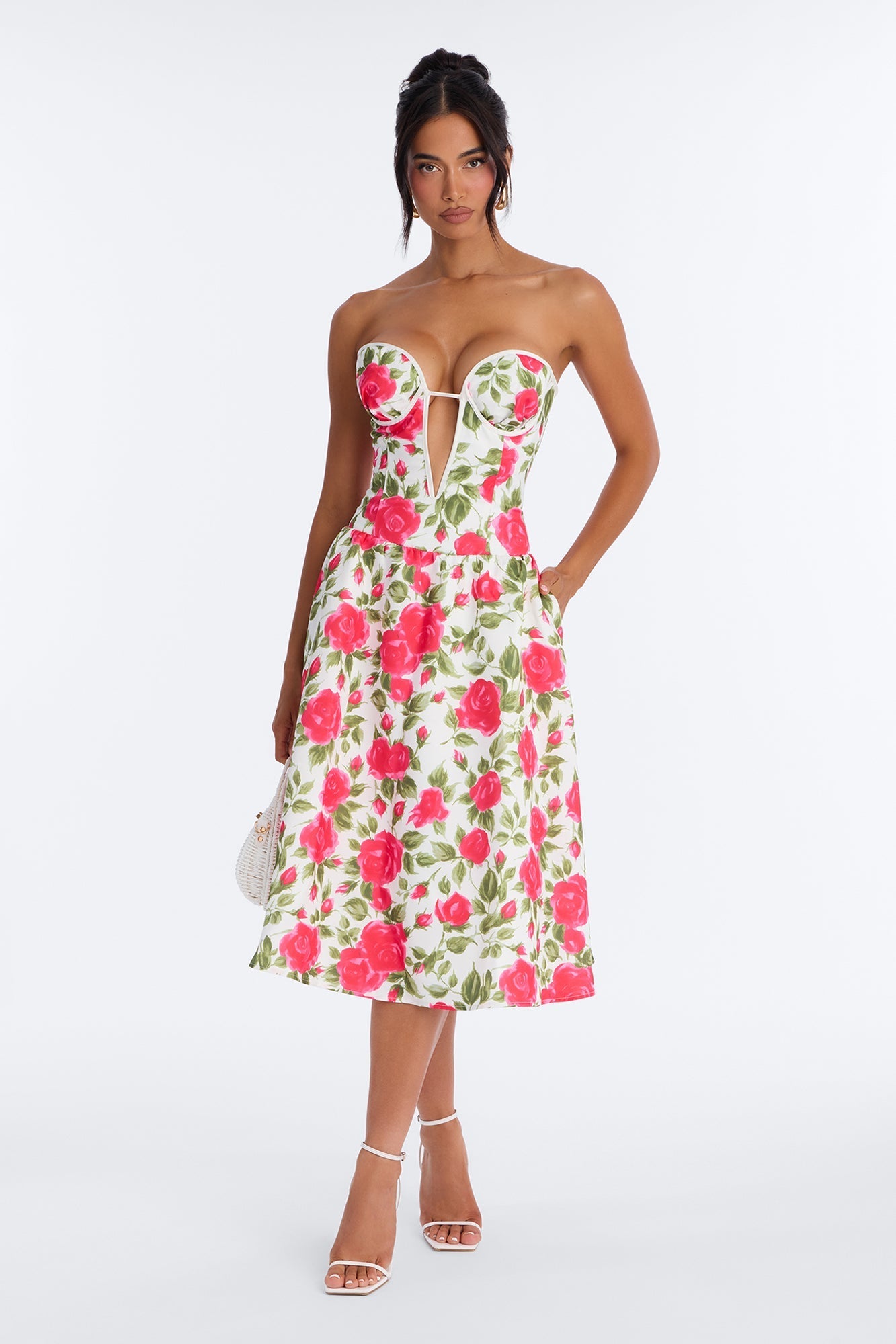 Sweetheart Bloom Satin Floral Midi Dress - Pink/combo NEWFASHIONEDGE
