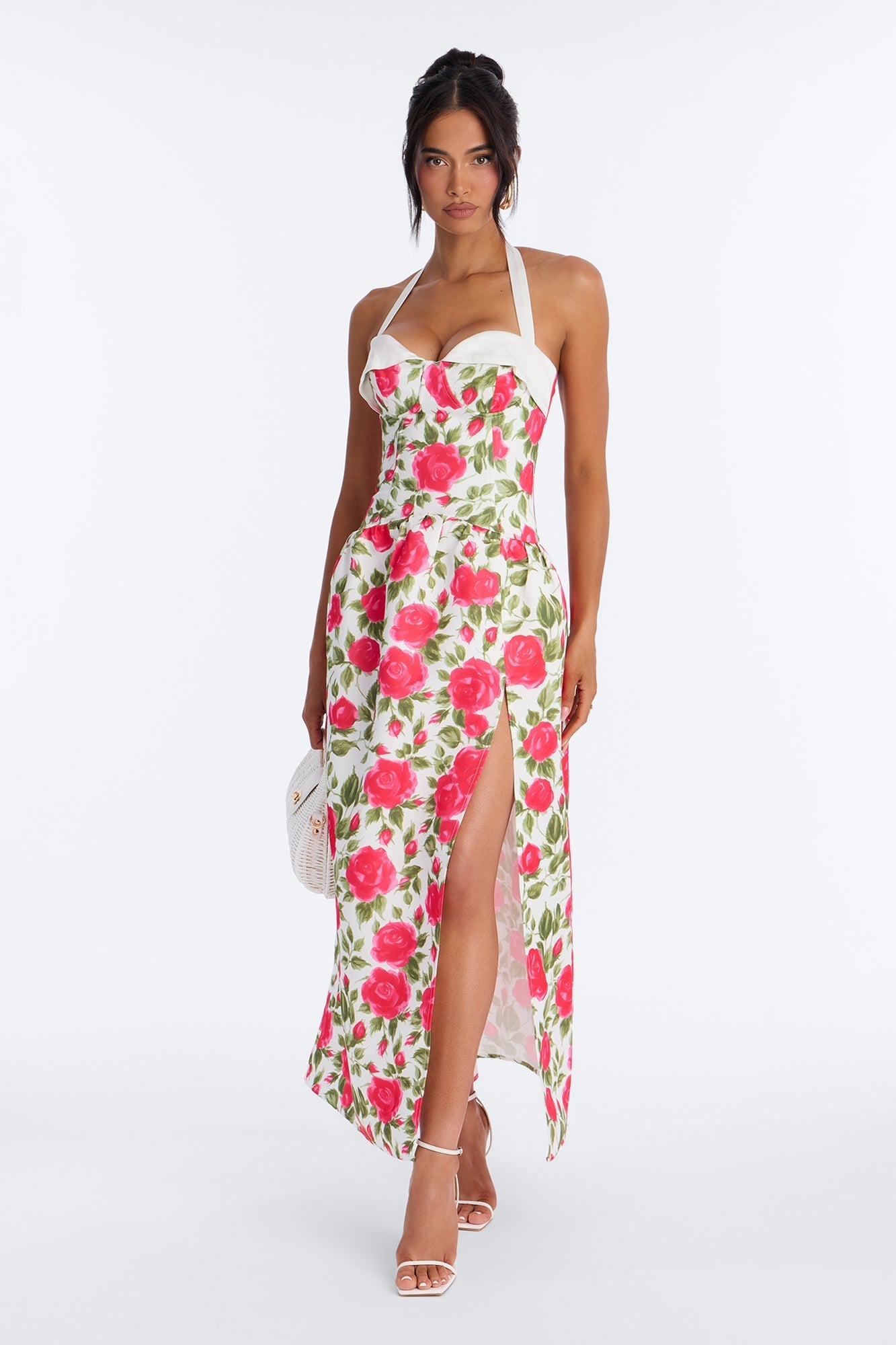 Sweetheart Floral Satin High Slit Maxi Dress - Pink/combo NEWFASHIONEDGE