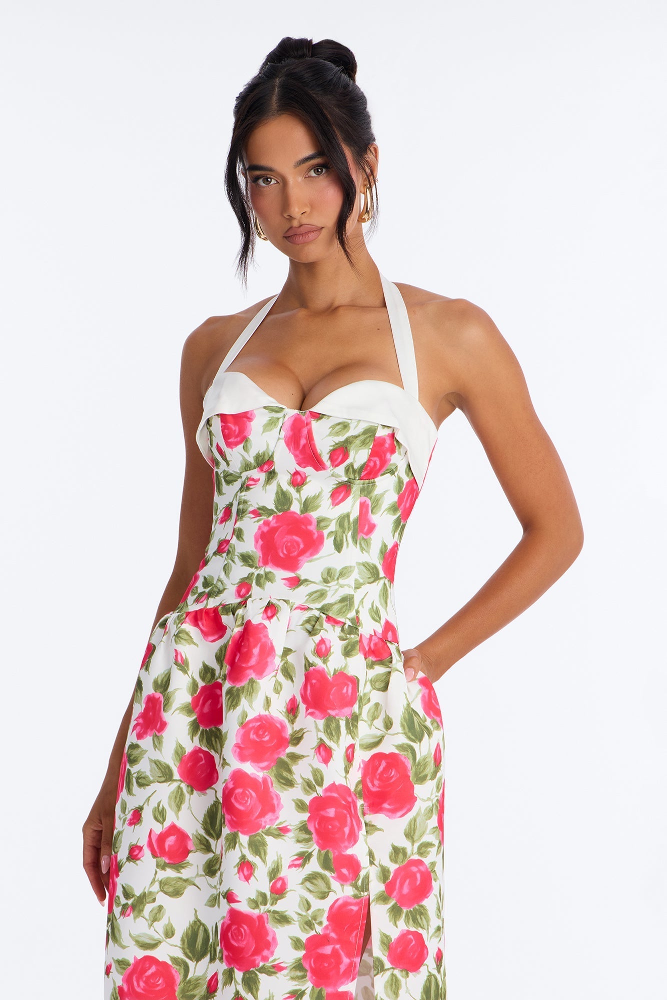 Sweetheart Floral Satin High Slit Maxi Dress - Pink/combo NEWFASHIONEDGE
