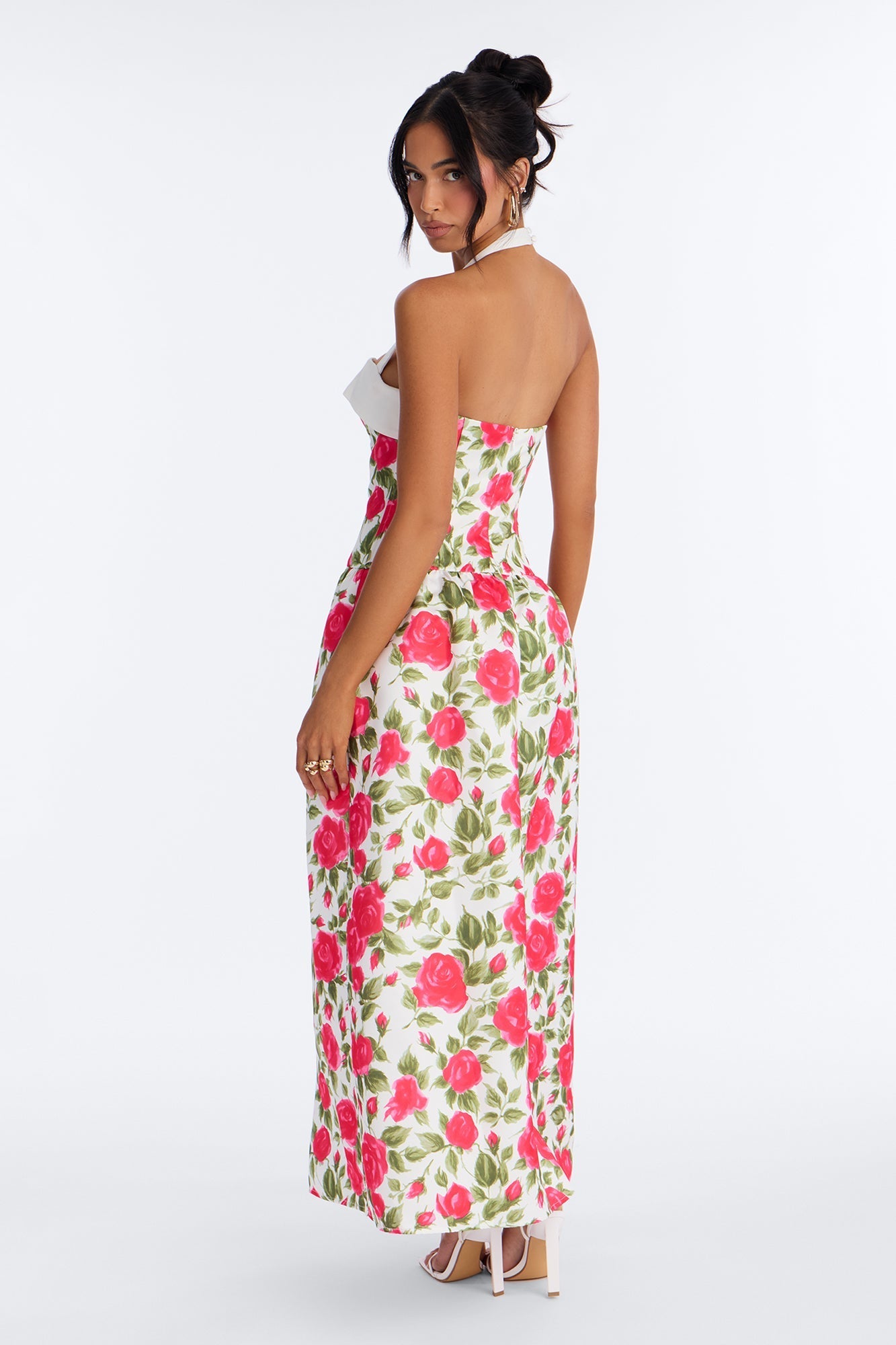Sweetheart Floral Satin High Slit Maxi Dress - Pink/combo NEWFASHIONEDGE