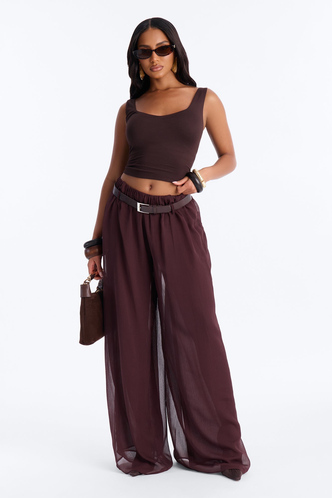 Chloe Wide Leg Chiffon Belted Pant - Chocolate