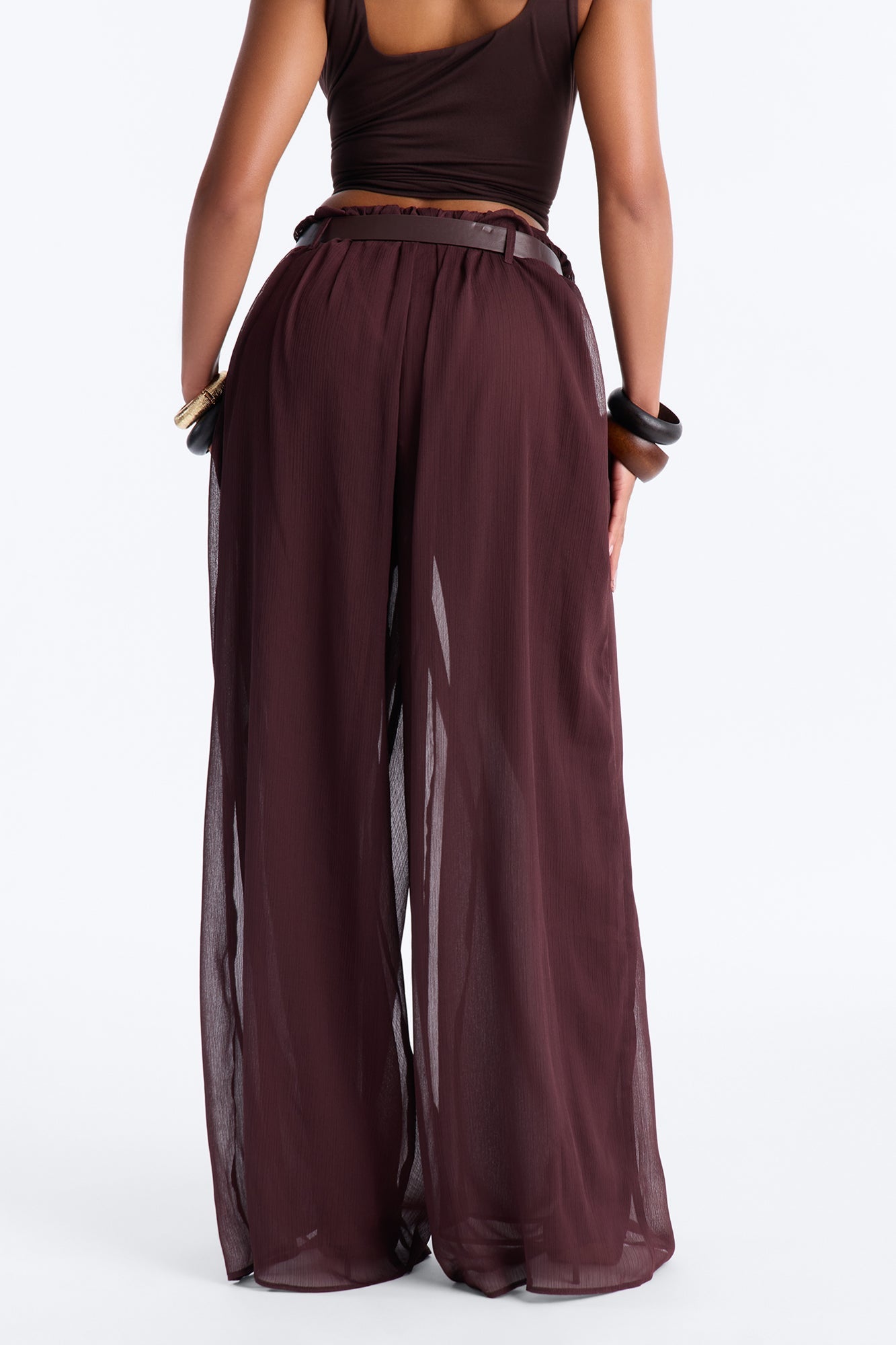 Chloe Wide Leg Chiffon Belted Pant - Chocolate
