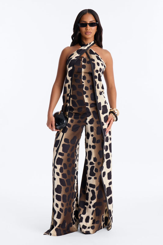 Anaya Animal Halter Wide Leg Jumpsuit - Black Fashion Nova