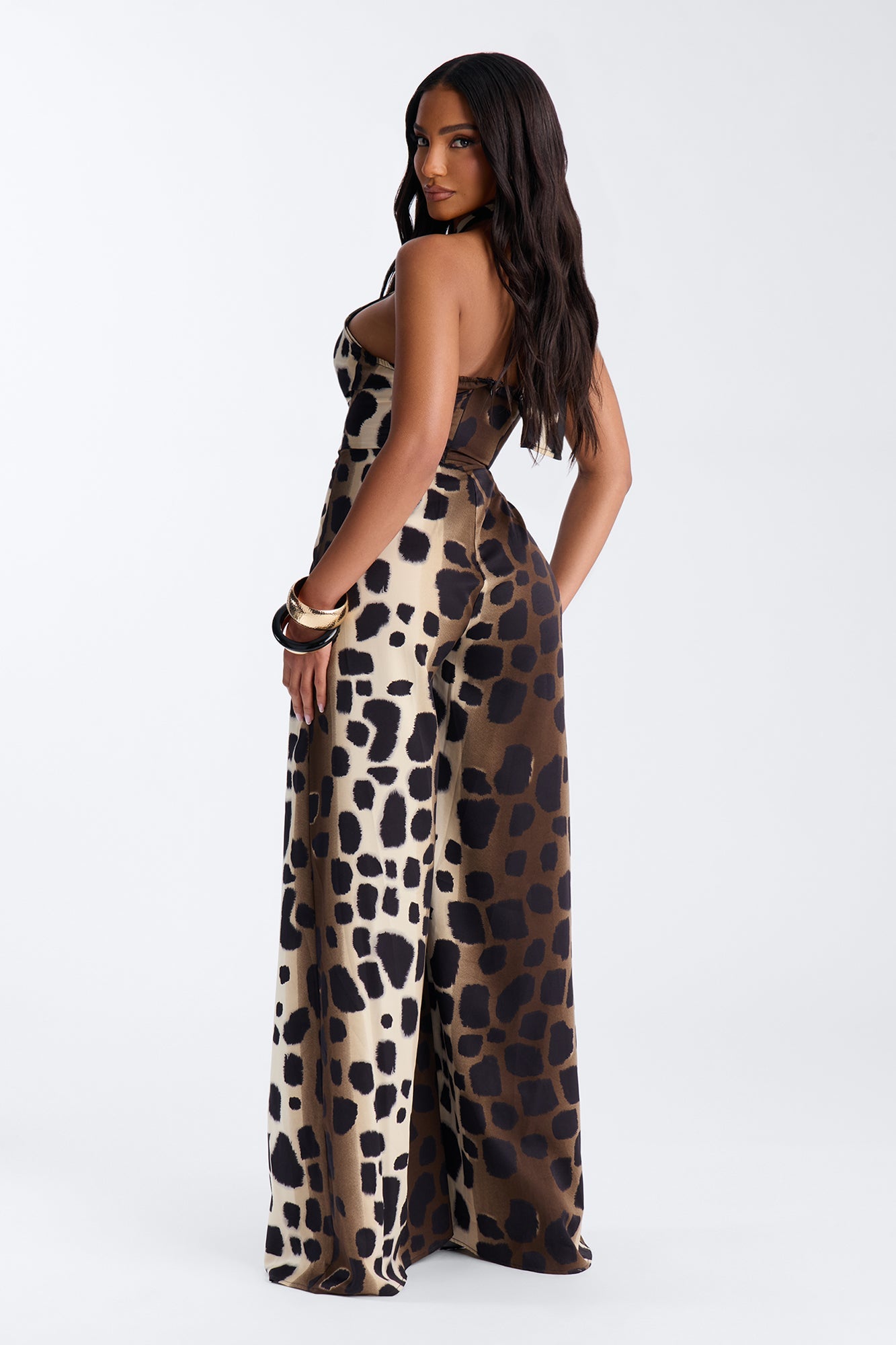 Anaya Animal Halter Wide Leg Jumpsuit - Black Fashion Nova