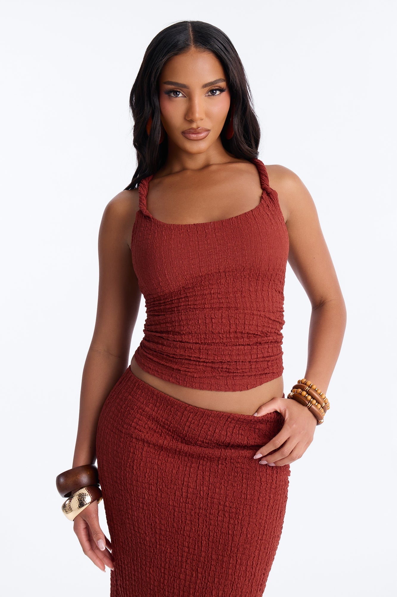 Easy Sundays Textured Midi Skirt Set - Rust Fashion Nova