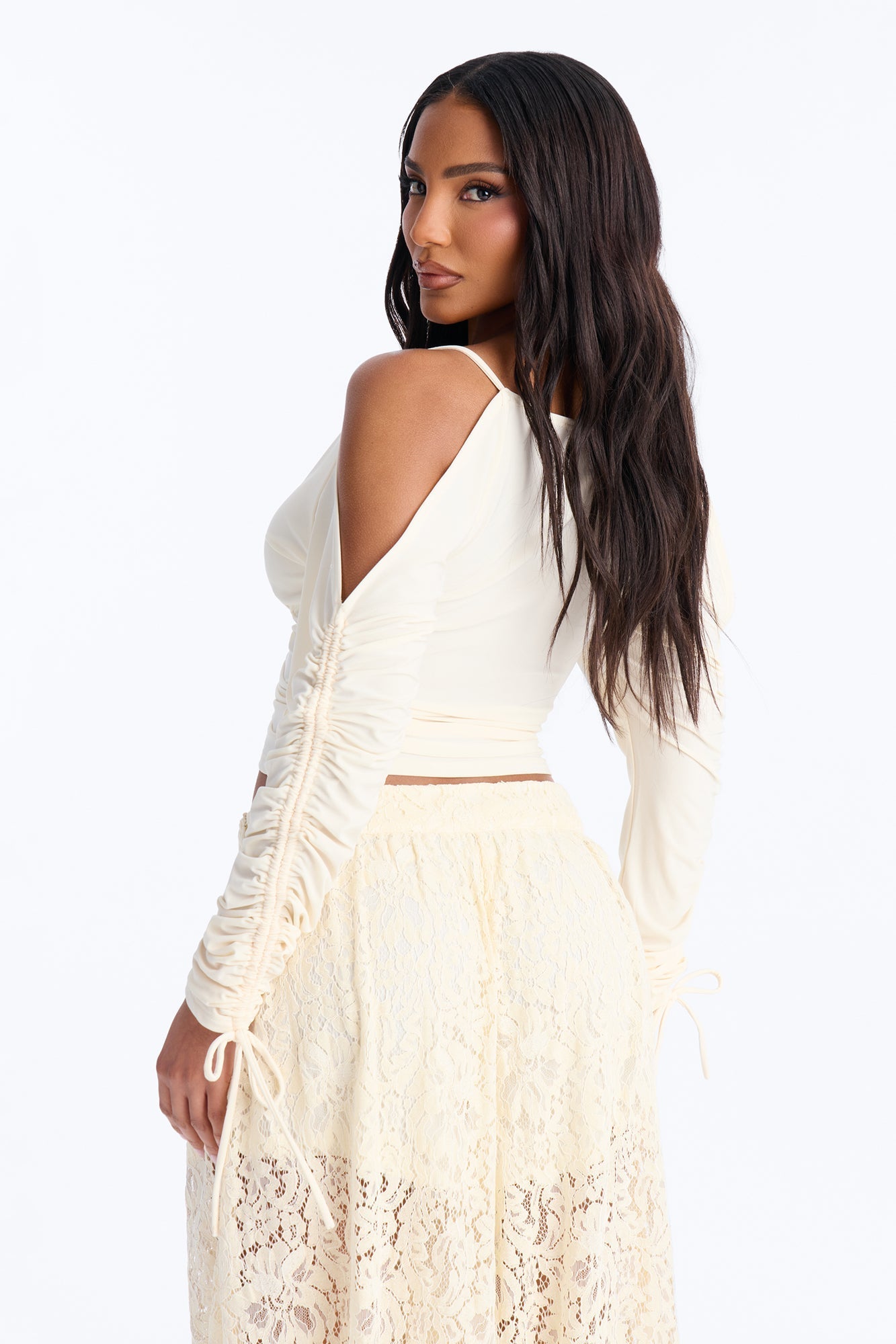Genevieve Ruched Cold Shoulder Long Sleeve Top - Cream NEWFASHIONEDGE