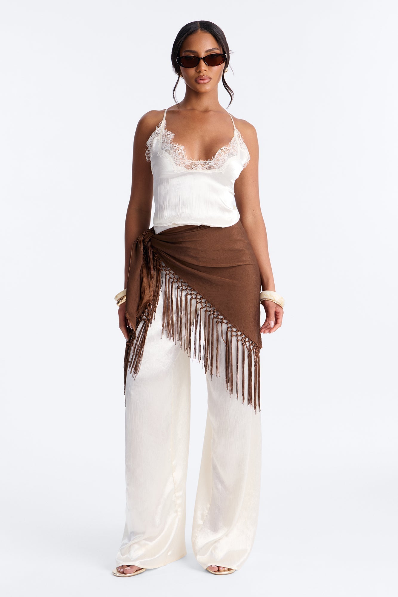 Elsa Satin Waist Scarf Jumpsuit - Ivory NEWFASHIONEDGE