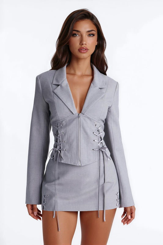 Unbothered Crepe Lace Up Corset Blazer - Light Grey