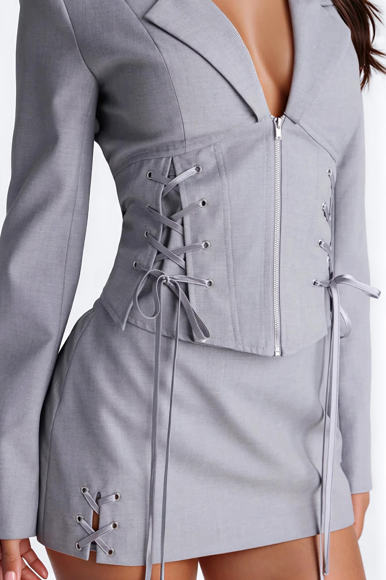 Unbothered Crepe Lace Up Corset Blazer - Light Grey