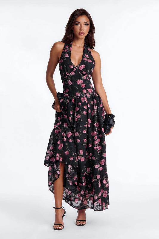 Whispering Rose Chiffon Maxi Dress - Black/combo